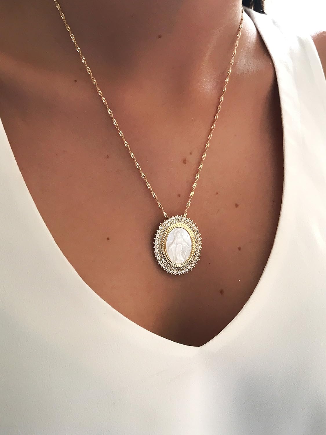 LESLIE BOULES Gold Miraculous Pendant Necklace for Women 18K Plated Chain Catholic Jewelry - Image 6