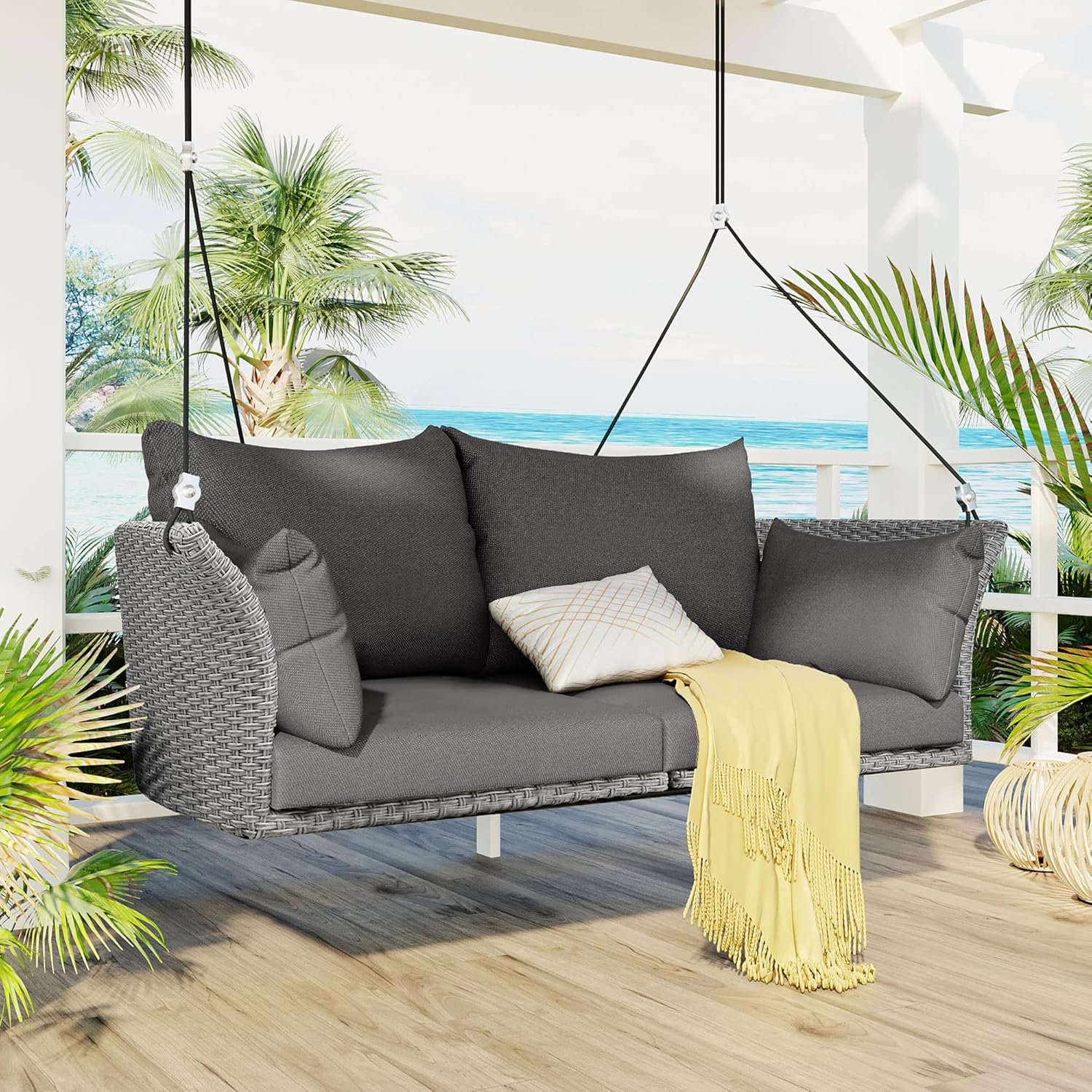 51.9” 2-Person Outdoor Patio Swing Chair,Outdoor Rattan Woven Hanging Loveseat with Adjustable Rope and Cushion,Porch Swing for Lawn Garden Backyard Balconies(Grey)