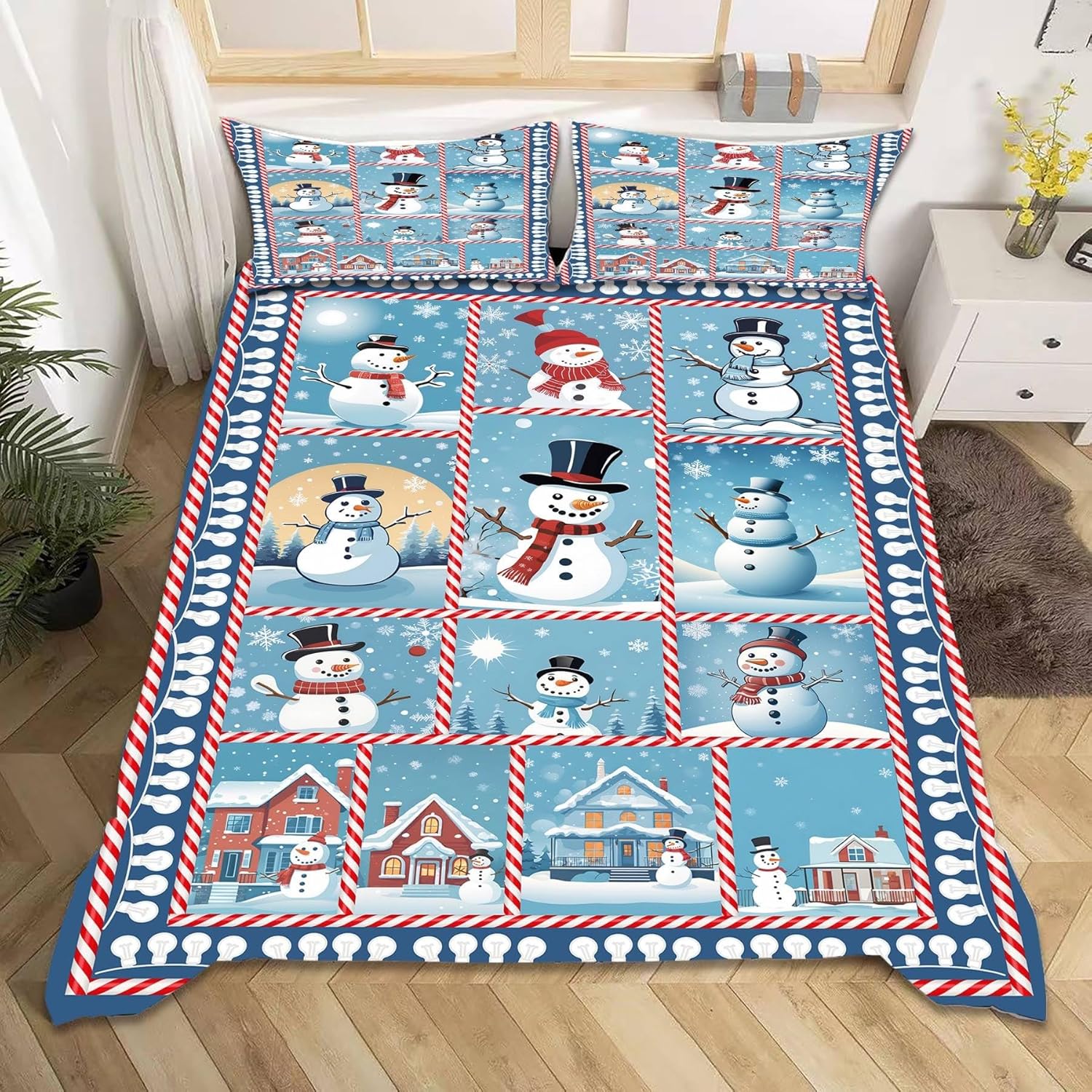 Fouiunler King Size Christma Sheet Sets, Blue Snowman House