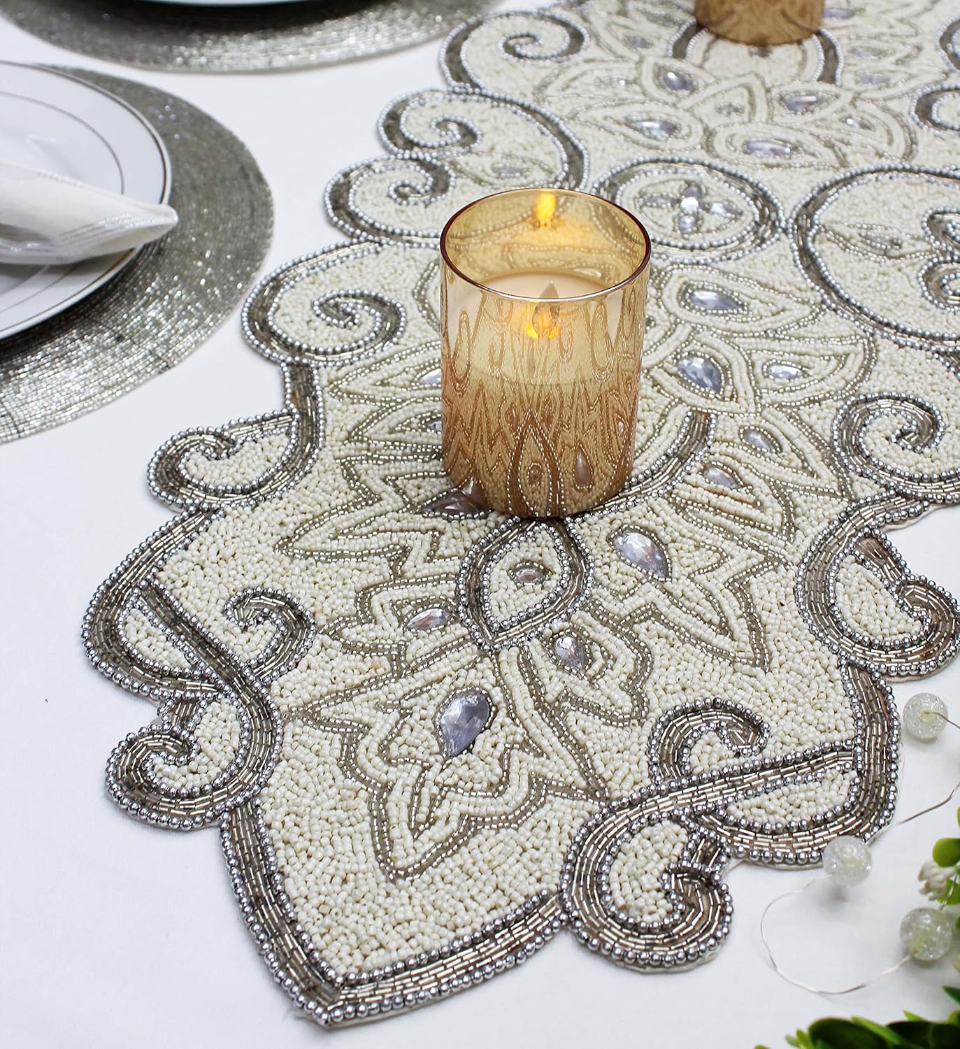 COTTON CRAFT Mila Scroll Handmade Beaded Table Runner - Halloween Harvest Autumn Fall Thanksgiving Holiday Christmas Xmas Celebration Festive Party Tabletop Décor Tablerunner - 13x36 Ivory & Silver