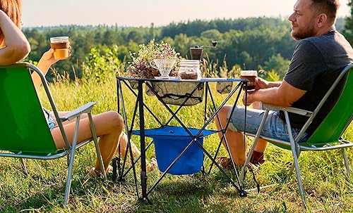 Miniatura 2 de Mesa de camping plegable plegable con enfriador aislante, soporte para tazas, cesta de comida de malla y bolsa de viaje, color azul