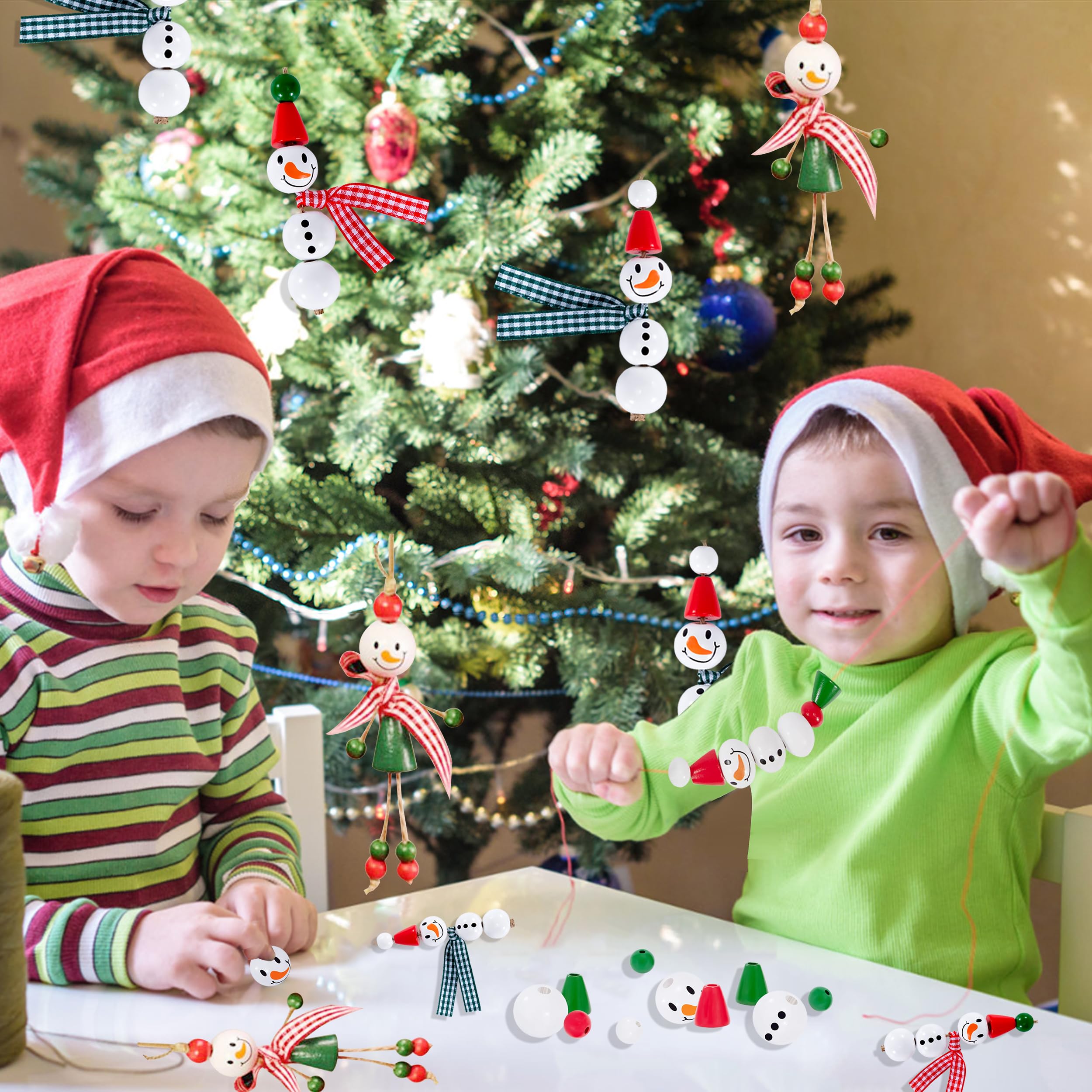 190 Perline Legno Natale Pupazzi Di Neve Con Faccine - Kit Fai Da Te Con Spago E Nastro - Decorazioni Albero E Ghirlande