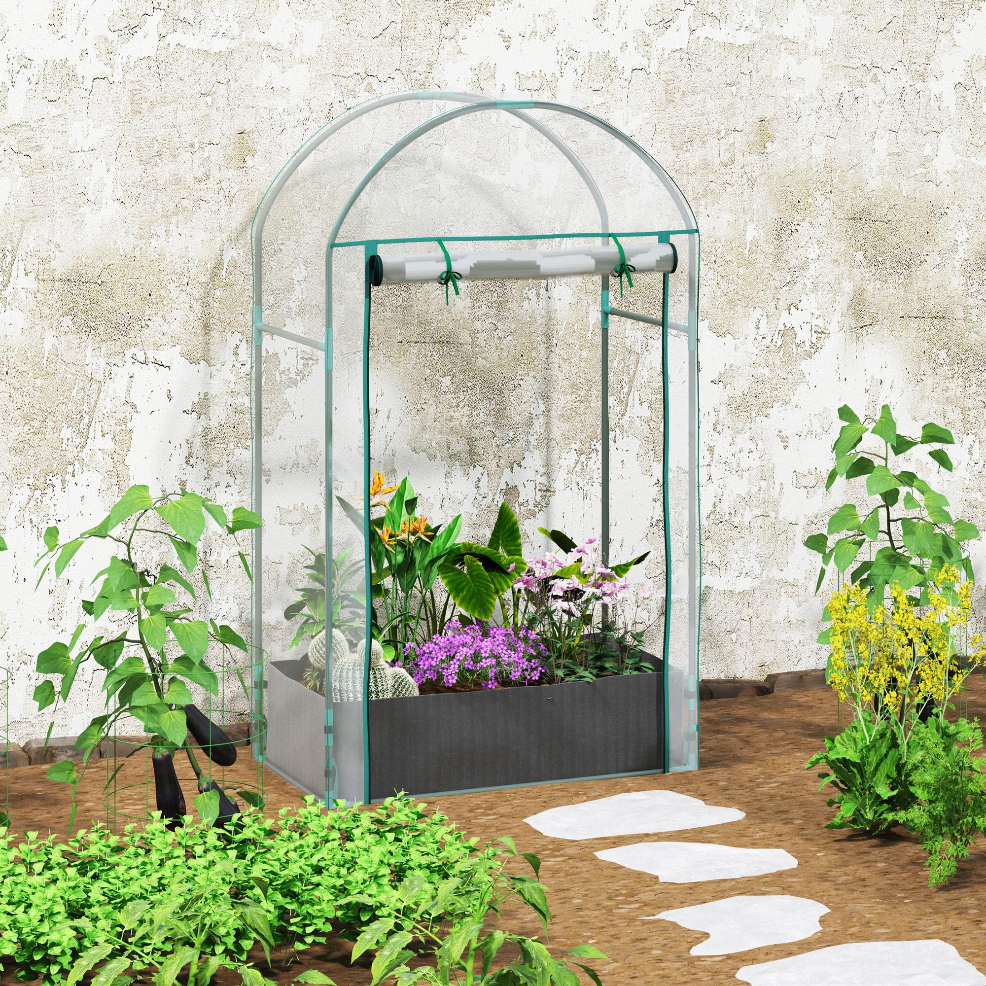 Outsunny Serre de Jardin, Serre de Balcon, Bâche Renforcée PVC, Châssis en Acier, Porte Zippée Enroulable avec Sac de Plantation, pour Légumes, Plantes, Intérieur, Extérieur, 89x50x152cm, Transparent