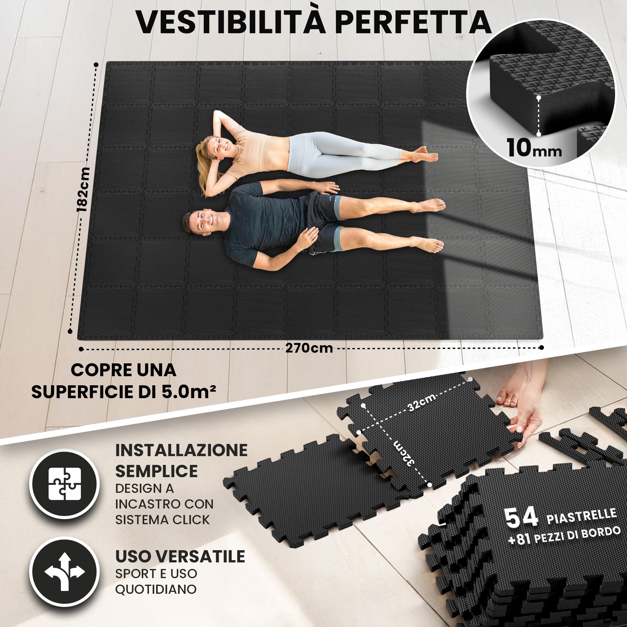 bemaxx Tappeto Palestra Tappetino Fitness da Ginnastica a Puzzle EVA | Pavimento Protettivo Incastro Tatami Allenamento Protezione Sport, Materassino Mattonella Pavimentazione per Home Gym Manubri