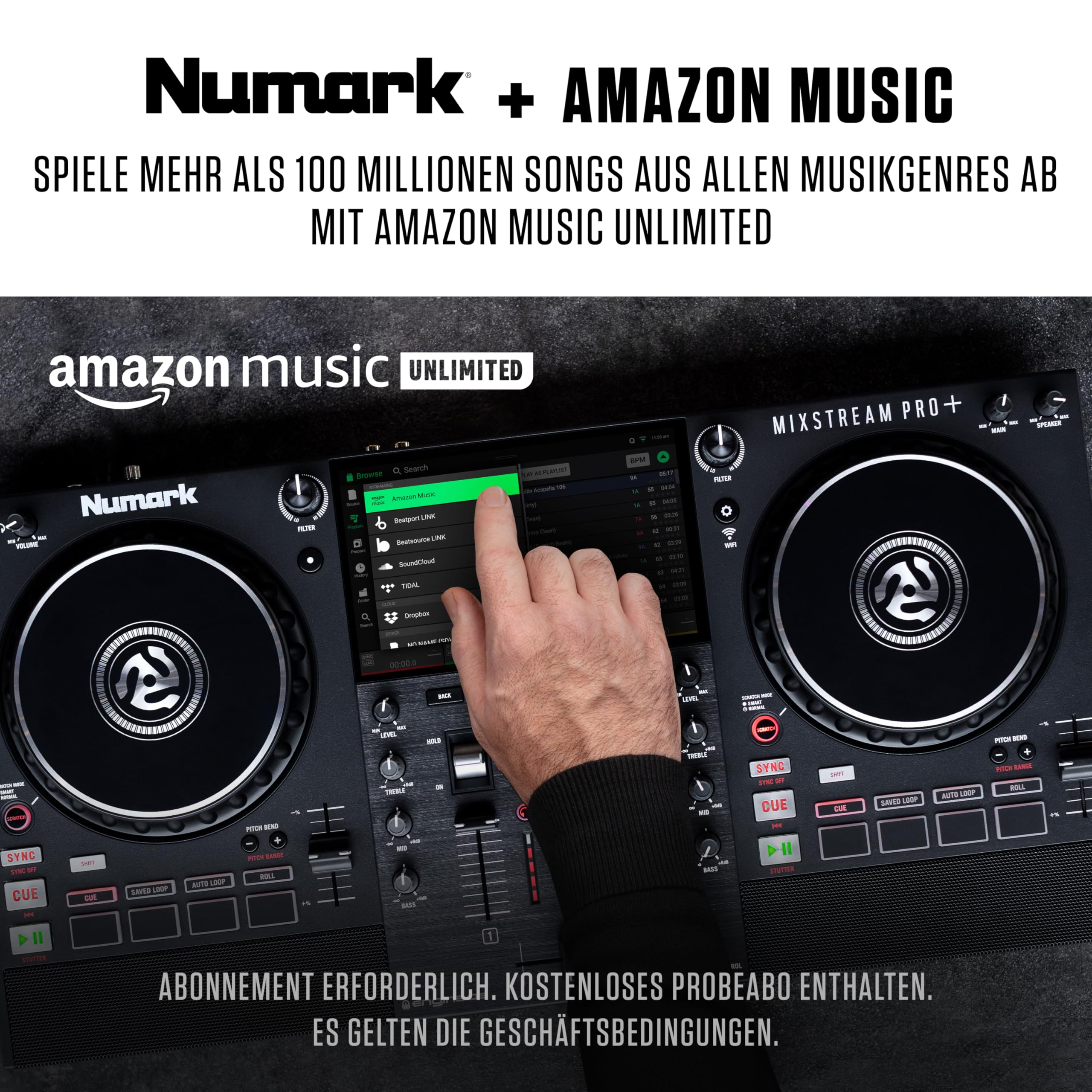 Numark Mixstream Pro+ DJ-Controller mit Stem-Trennung, 2 Decks, WLAN-Streaming, Mixer, 7 Zoll Touchscreen, Lautsprechern, kompatibel mit Serato und Virtual DJ