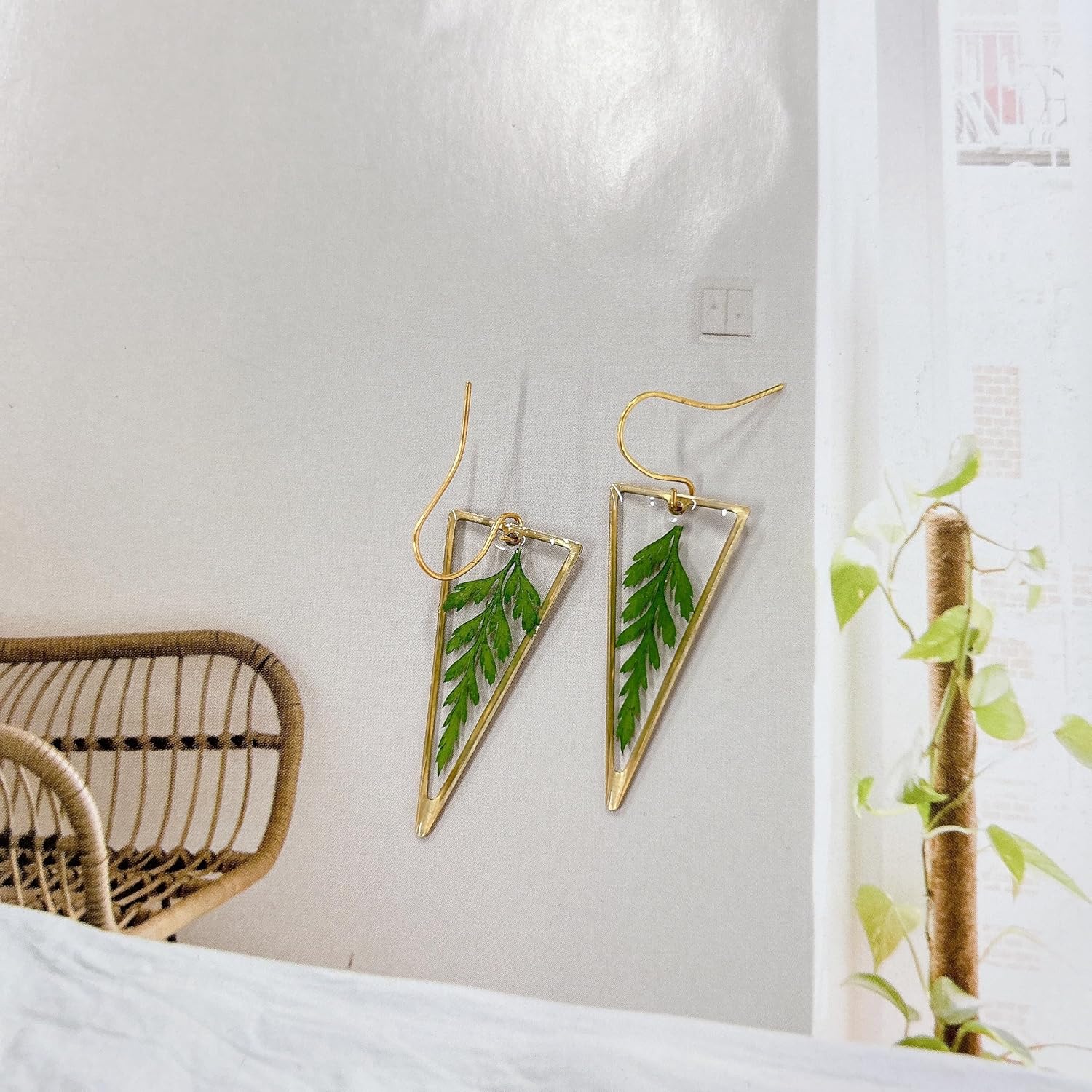 Pressed Fern Leaf Triangle Resin Dangle Drop Earrings for Women Handmade Bohemian Green Dried Leaves Retro Gold Filled Ear Wire Hook Summer Earring Natural Plant Jewelry - Image 4