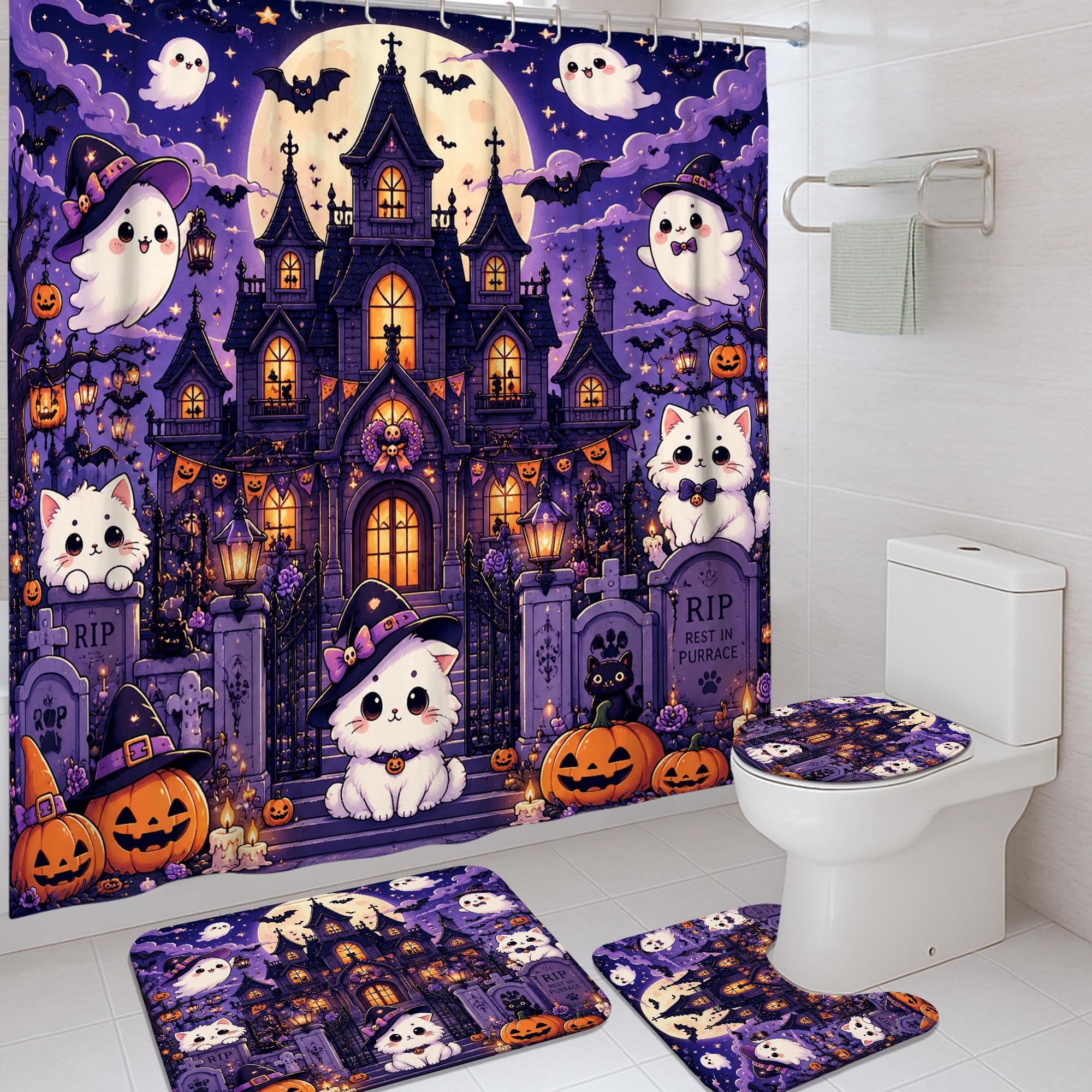 Rideau de douche Halloween violet et tapis assorti pour une salle de bain festive