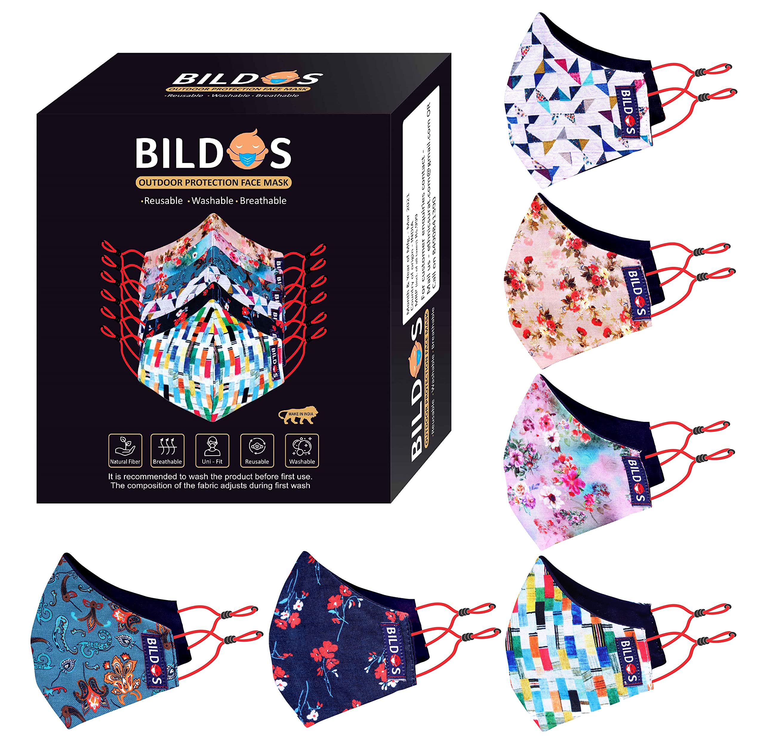 Cotton Cloth 3 Layer Super Breathable Without Valve Women's Face Mask Reusable & Washable Designer (Multicolour) - Pack of 6