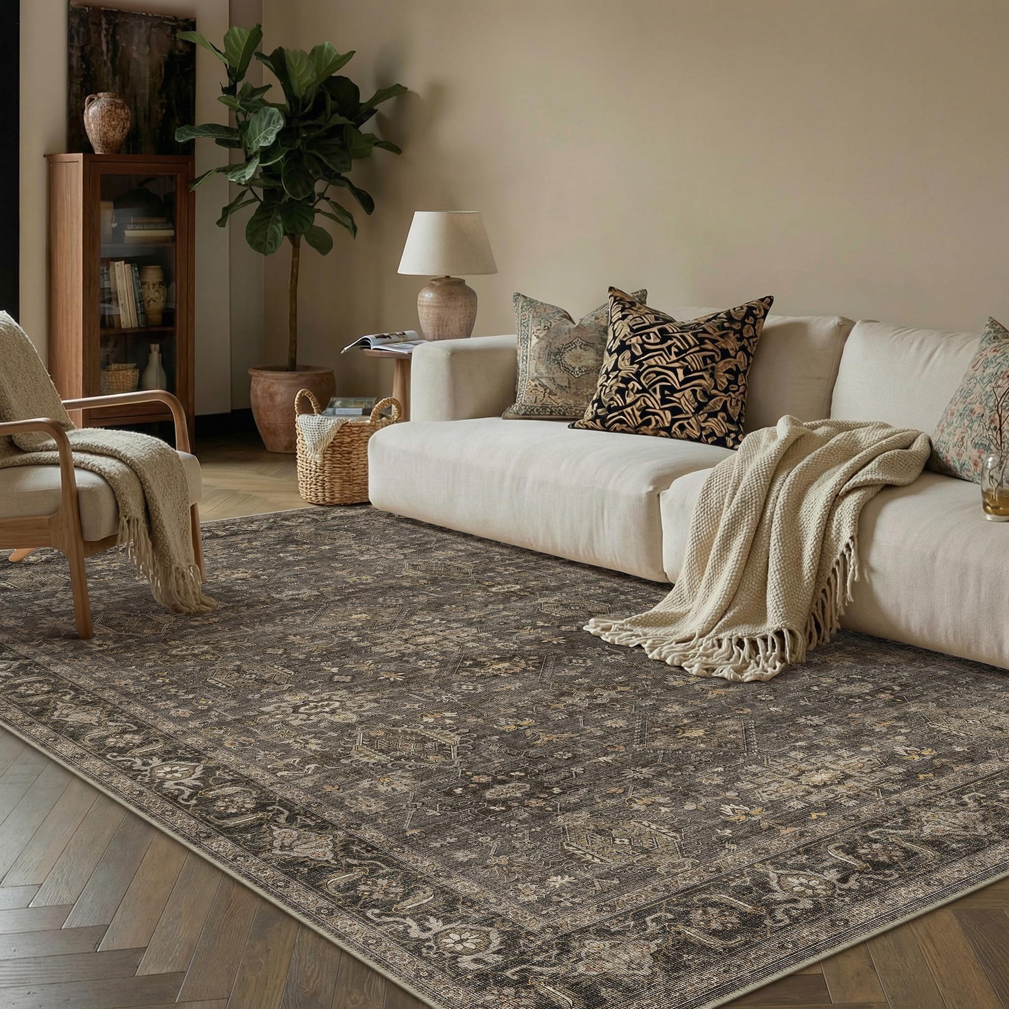 PureCozy Vintage Living Room Rug 120 x 170 cm Brown Washable Non Slip Lounge Area Rugs Bedroom Bedside Large Soft Low Pile Carpet Office Dining Rooms Hall Indoor Carpets โ image 1