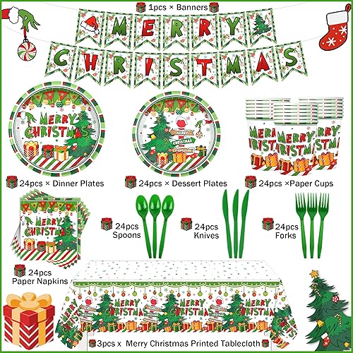 Miniatura 2 de Juego de vajilla desechable de 171 piezas para decoración de fiesta de Navidad para 24 invitados, platos temáticos y servilletas, tazas, cubiertos,