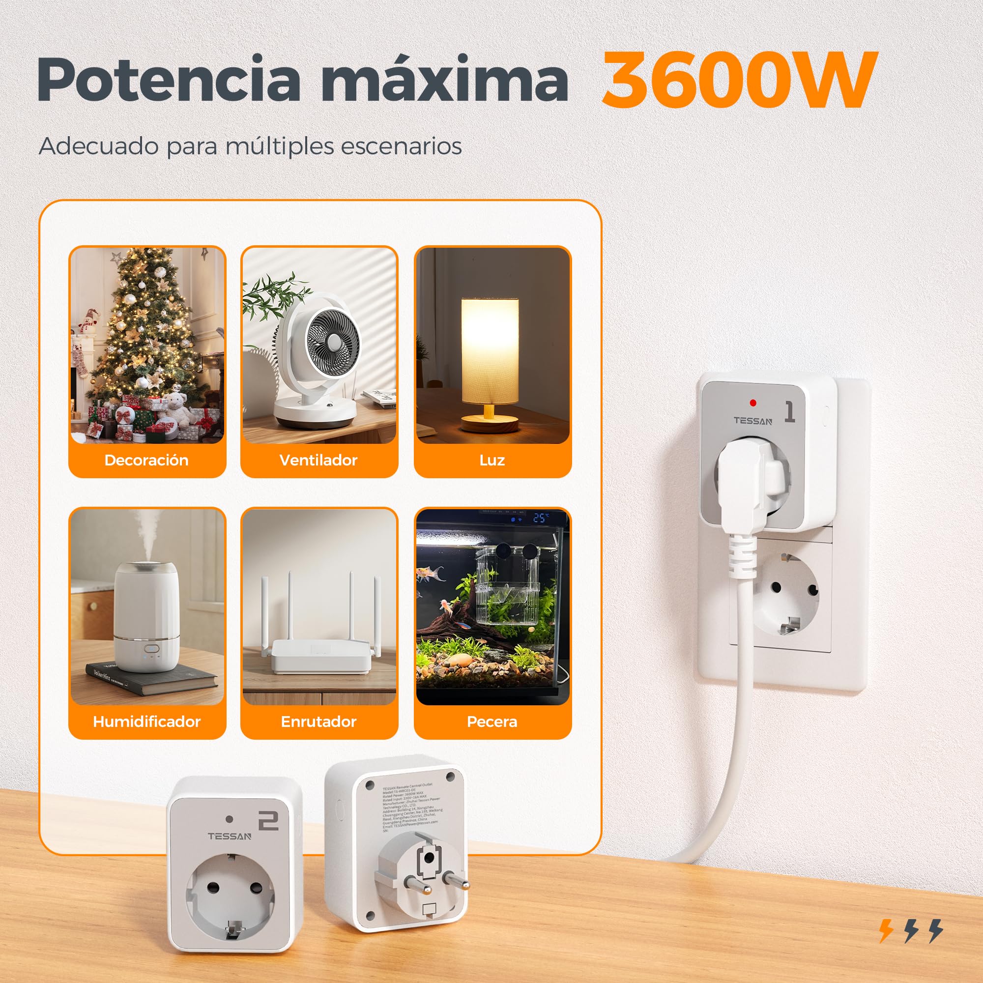 TESSAN Kit de Enchufe con Mando a Distancia | 3 Enchufe Programable con 1 Mando a Distancia, Alcance de 30,5M, para Adornos, Electrodomésticos y Lámparas, 3600 W, Gris