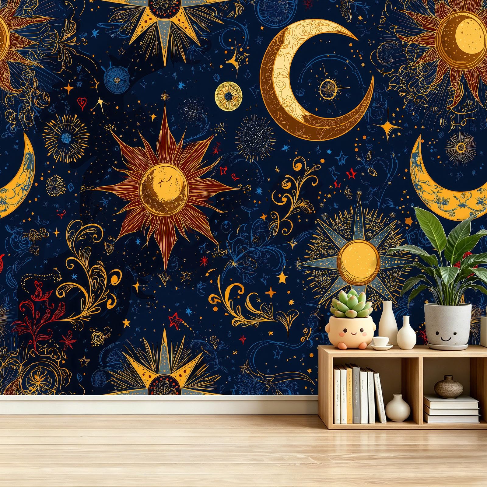 Fototapeta sztuka kosmiczna gwiaździste niebo księżyc i słońce tapeta ścienna plakat 300 x 210 cm zdjęcie do sypialni salonu TV ściana sypialnia, granatowe złoto