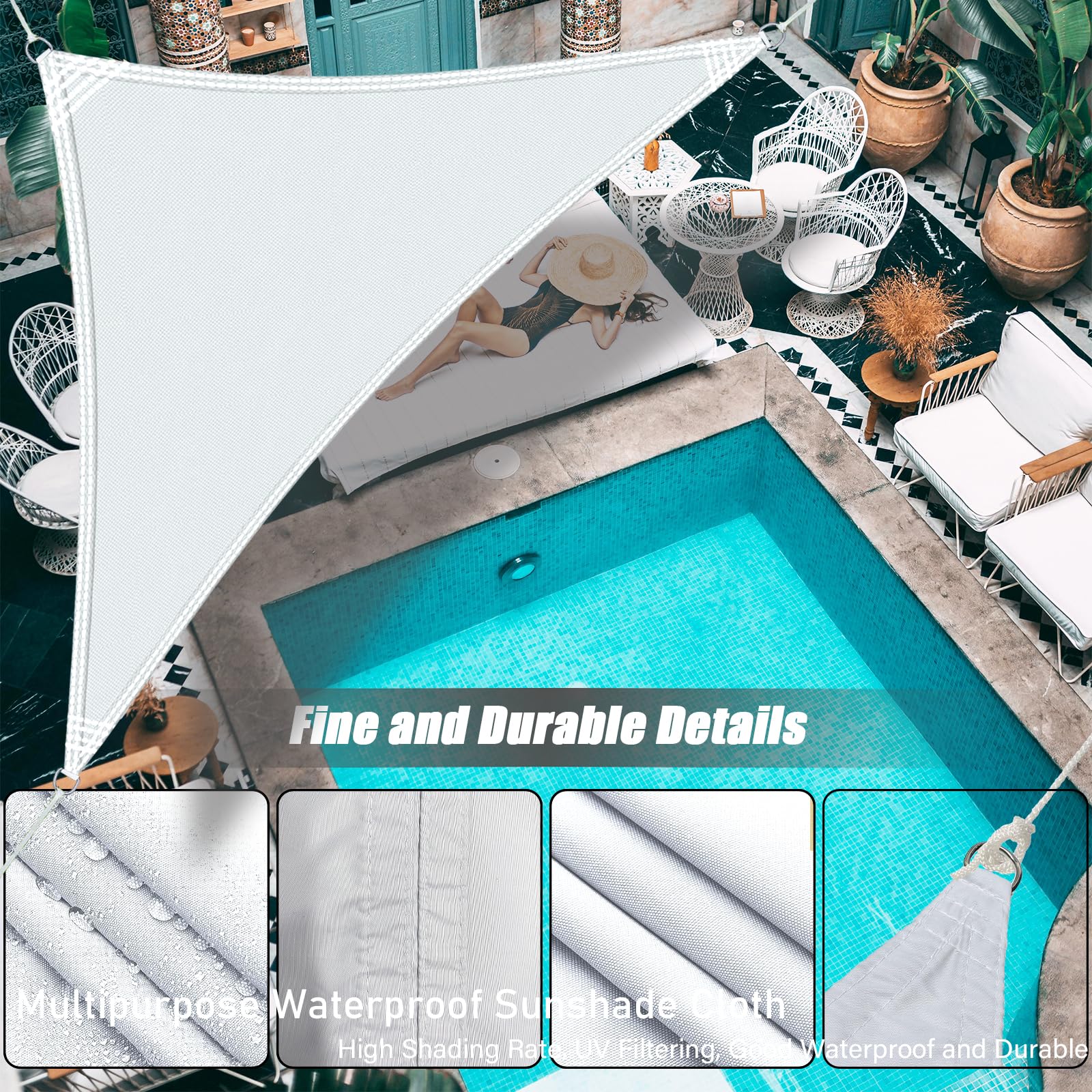 Voile d'ombrage Triangle Imperméable Protection UV 2m x 2m x 2.8m Bâche dombrages avec Cordes de Fixation Protection Solaire pour Jardin Patio Terrasse Camping Extérieur Balcon. Blanc crème