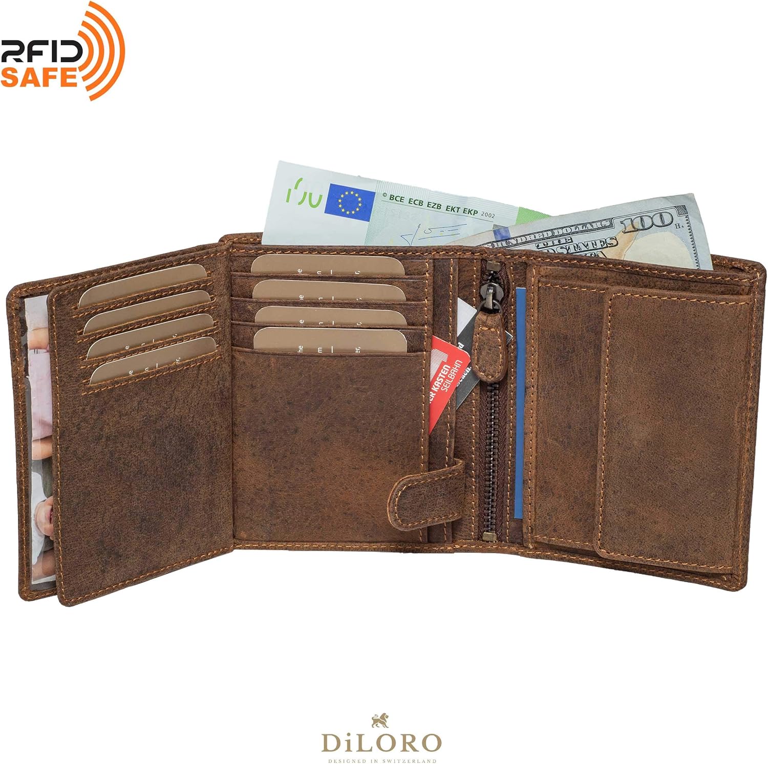 DiLoro Mens Wallet RFID Blocking Genuine Full Grain Leather Bifold Wallet with Flip ID Coin and Secure Zip Compartment Extra Large (Dark Hunter Brown) - Image 3