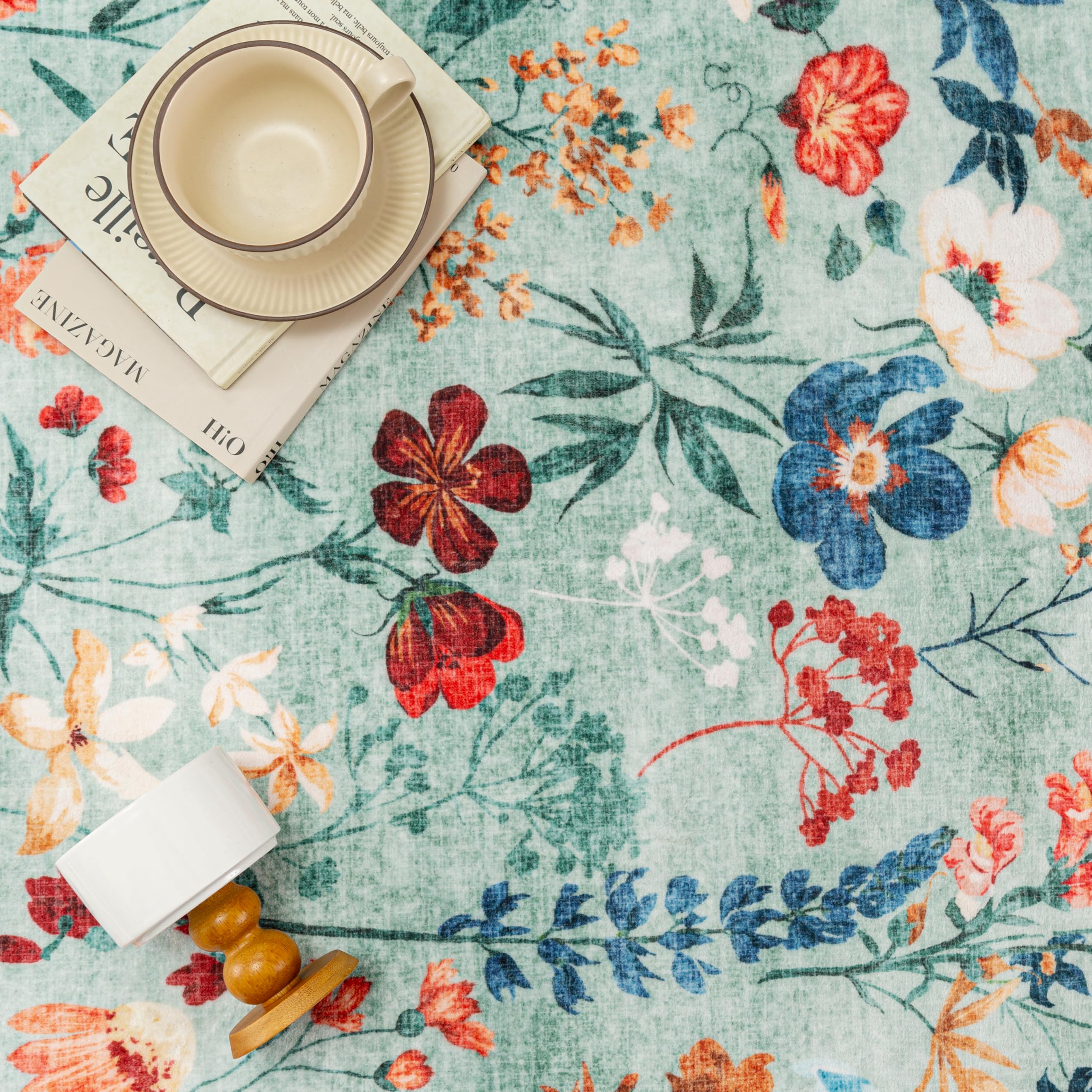 HUGEAR Vert Tapis Salon 200x300cm Floral Chambre Lavable en Machine Antidérapant Boheme Naturel Fleur Grand Carpet Bureau Salle a Manger Doux Poil Ras Rug