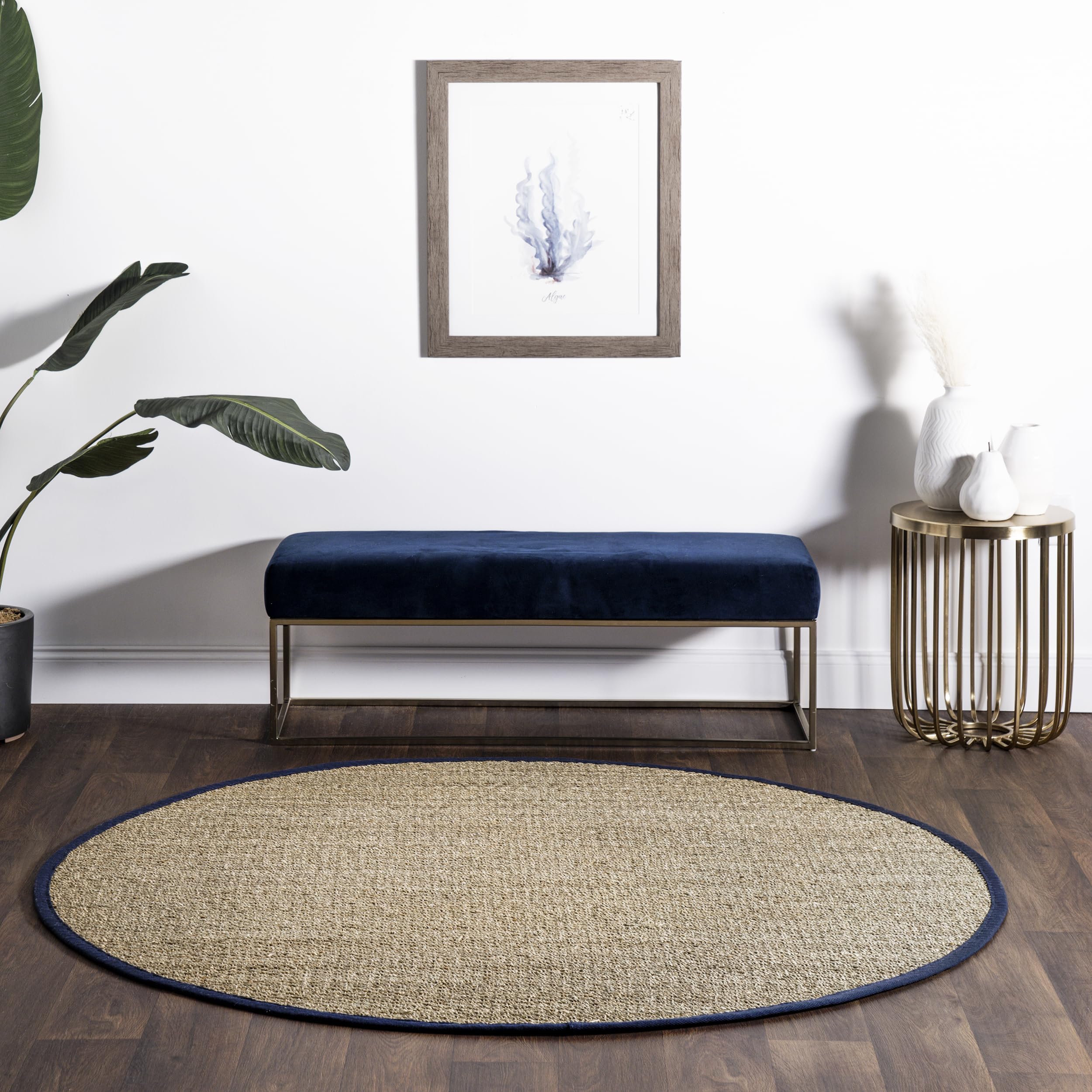 Elijah Navy/Natural, 6' Round, Basketweave, Seagrass, Soft and Textured, High Traffic, Stain Resistant, Easy Clean, Durable Area Rug for Bedroom, Living Room, Dining, Den, Foyer, Entryway
