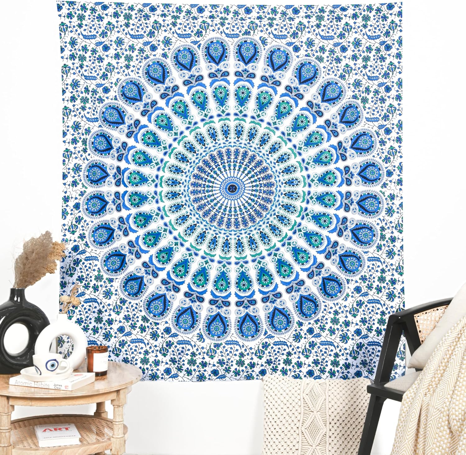 RAJRANG Sky Blue Mandala Tapestry Wall Hanging 90x108 Inches for Bedroom and Living Room Decor Boho Bohemian Wall Hanging Cotton Tapestries
