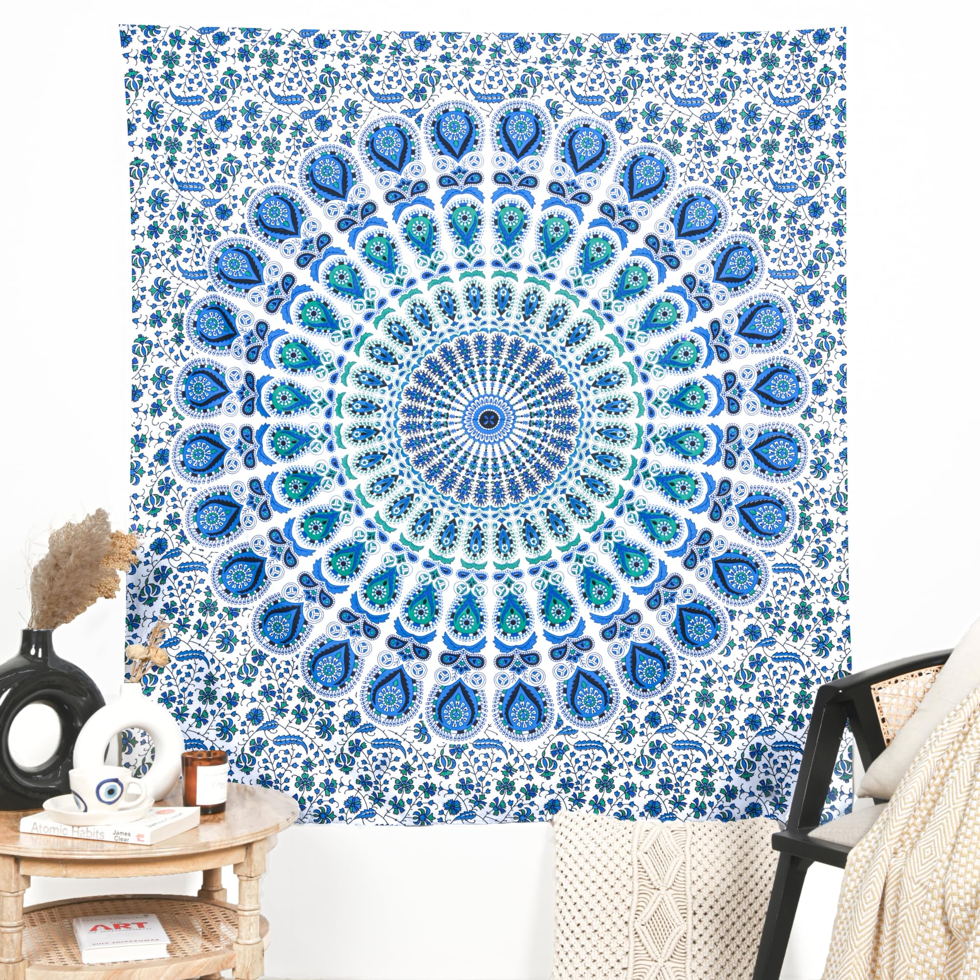 Rajrang Sky Blue Mandala Wall Art Cotton Tapestry Wall Hangings For Bedroom, Living Room Decorative Tapestry 127X152 Cm