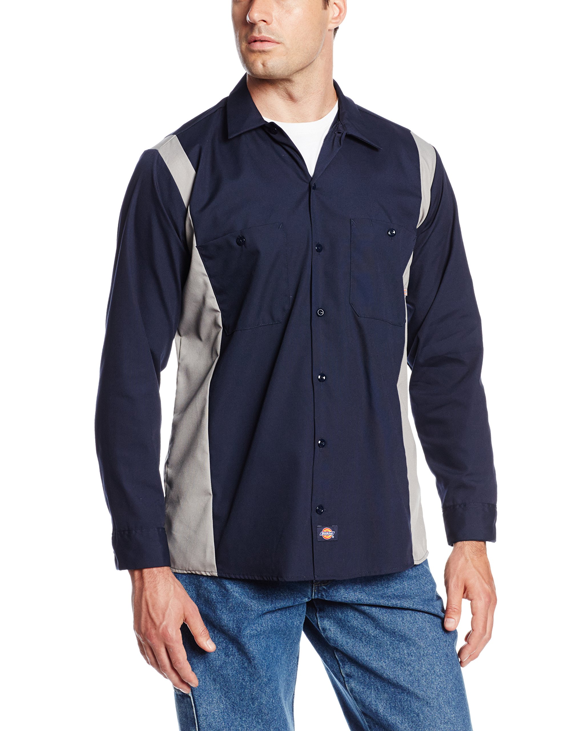 Dickies Occupational Workwear LL524DNSM Polyester/Cotton Men's Long Sleeve Industrial Color Block Shirt, Dark Navy/Smoke