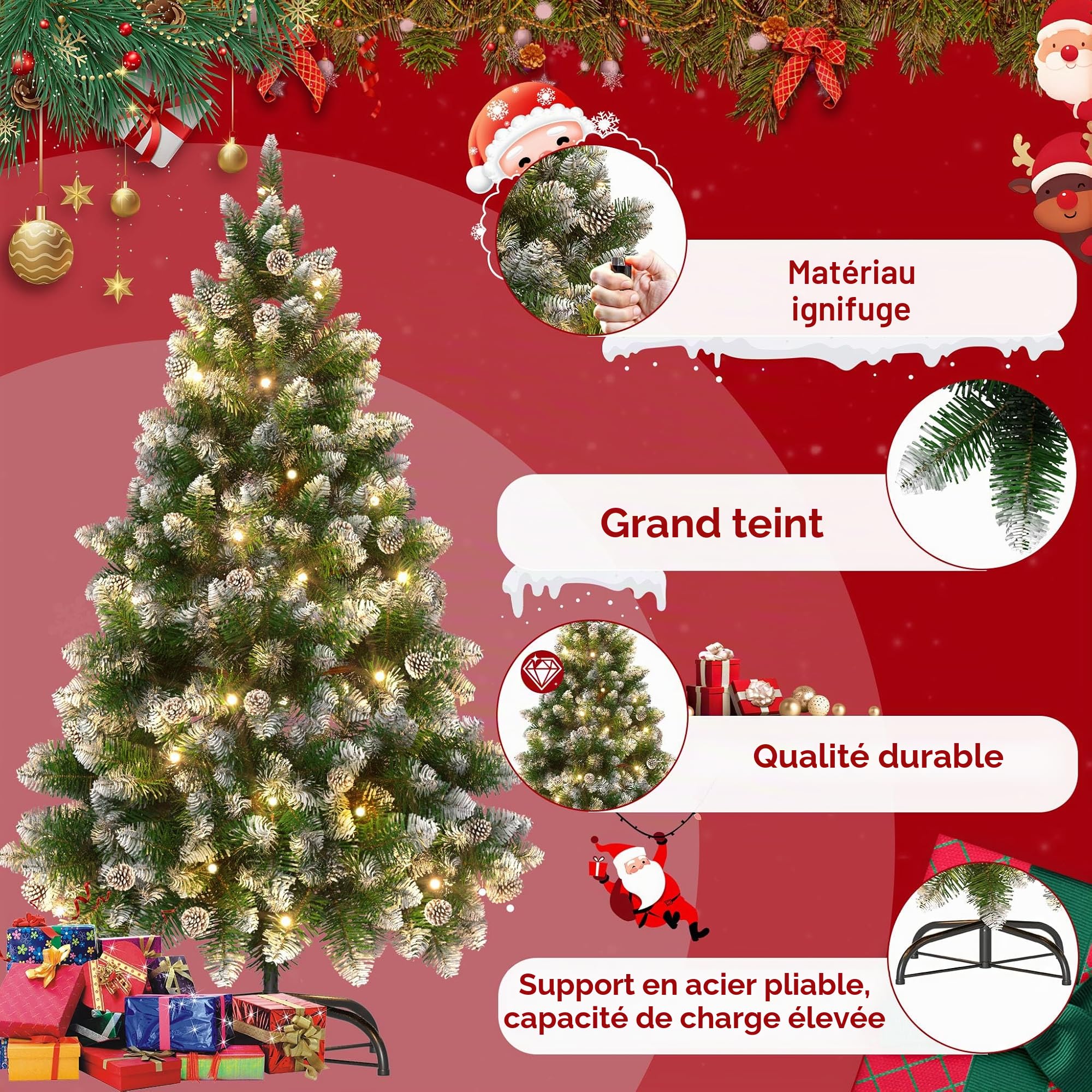 AufuN Sapin de Noël artificiel avec éclairage - 240 cm - Avec neige et pommes de pin - Montage rapide - Avec support