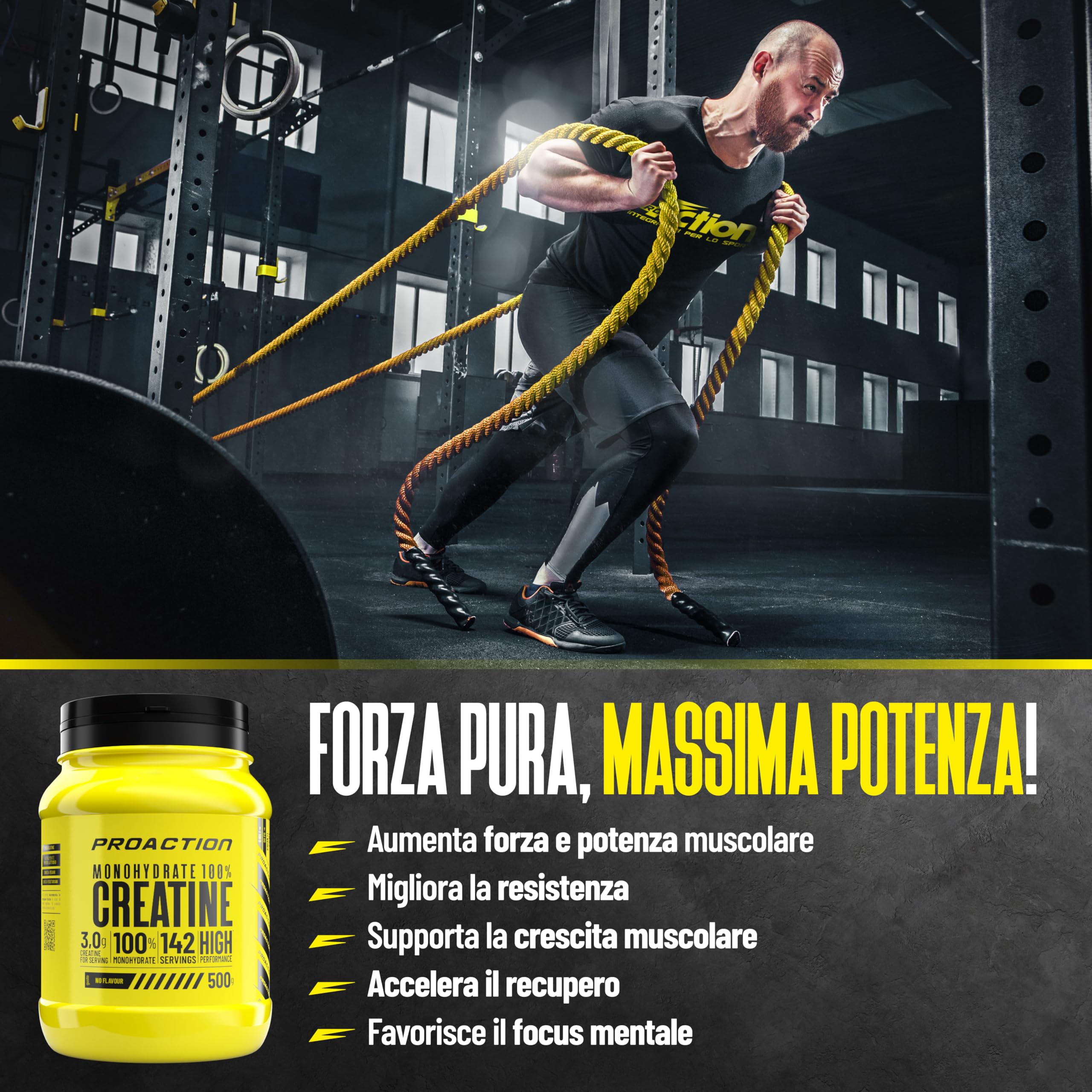 ProAction Creatina Monoidrata in Polvere | 100% Creatina Monoidrato Pura per Forza, Energia & Resistenza | Solubile & Senza Additivi | Aumento della Massa Muscolare | 142 Porzioni | 500 g