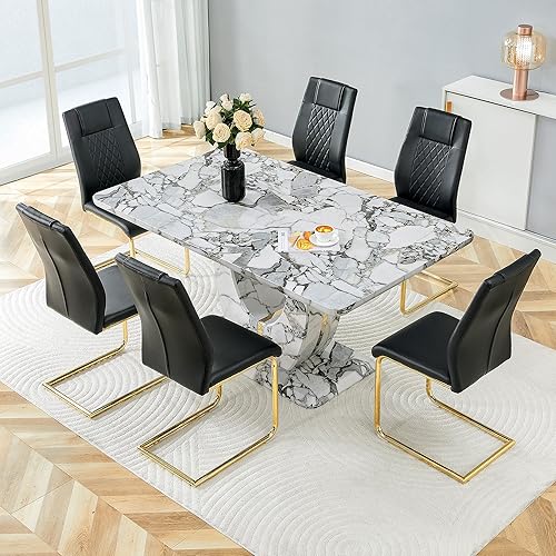 Miniatura 15 de JUFU Juego de mesa de comedor moderno para 6, juego de mesa de cocina de 63 pulgadas con mesa de mármol sintético y 4 sillas tapizadas de piel