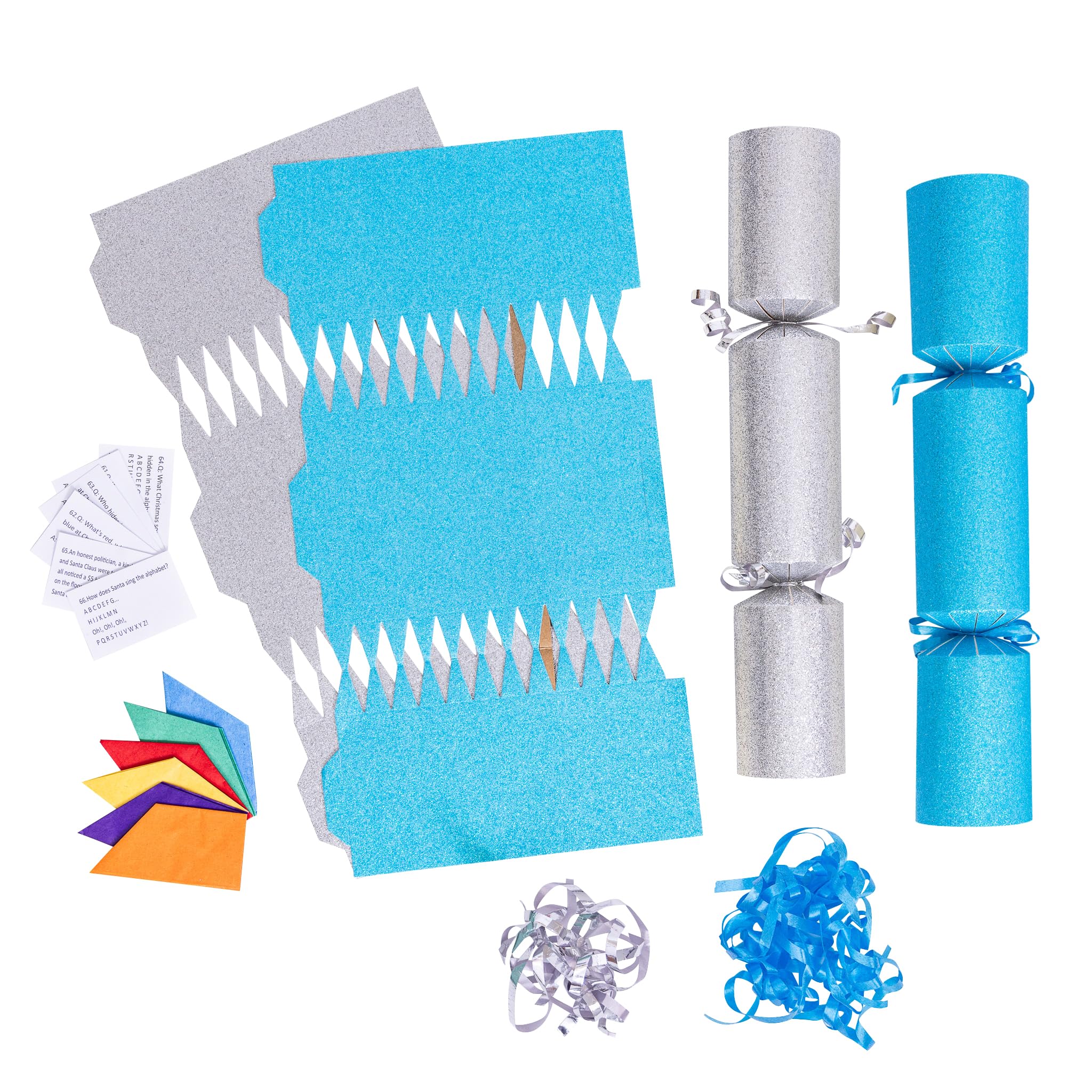 evelay 12 Make Your Own Christmas Cracker Kit DIY Blue & Silver Glitter Crackers Hats Snaps Jokes (Blue, Silver)