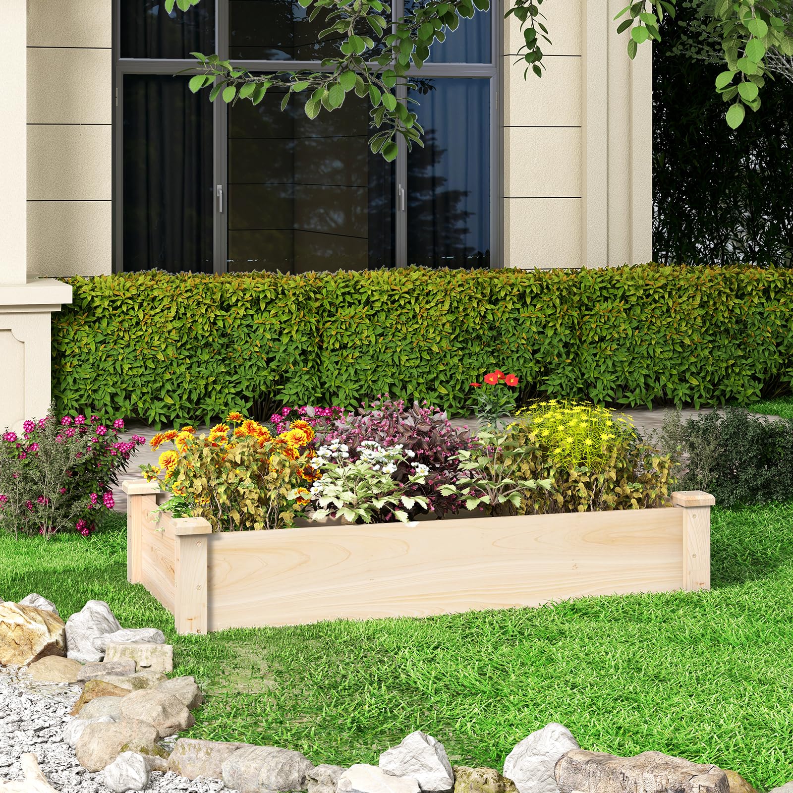 GOPLUS Cama de Jardín Elevada de Madera, Huerto de Plantación Rectangular para Verduras, Frutas, Flores, Hierbas, 120 x 61 x 25,5 cm Jardinera Elevada Exterior para Jardín, Patio, Césped