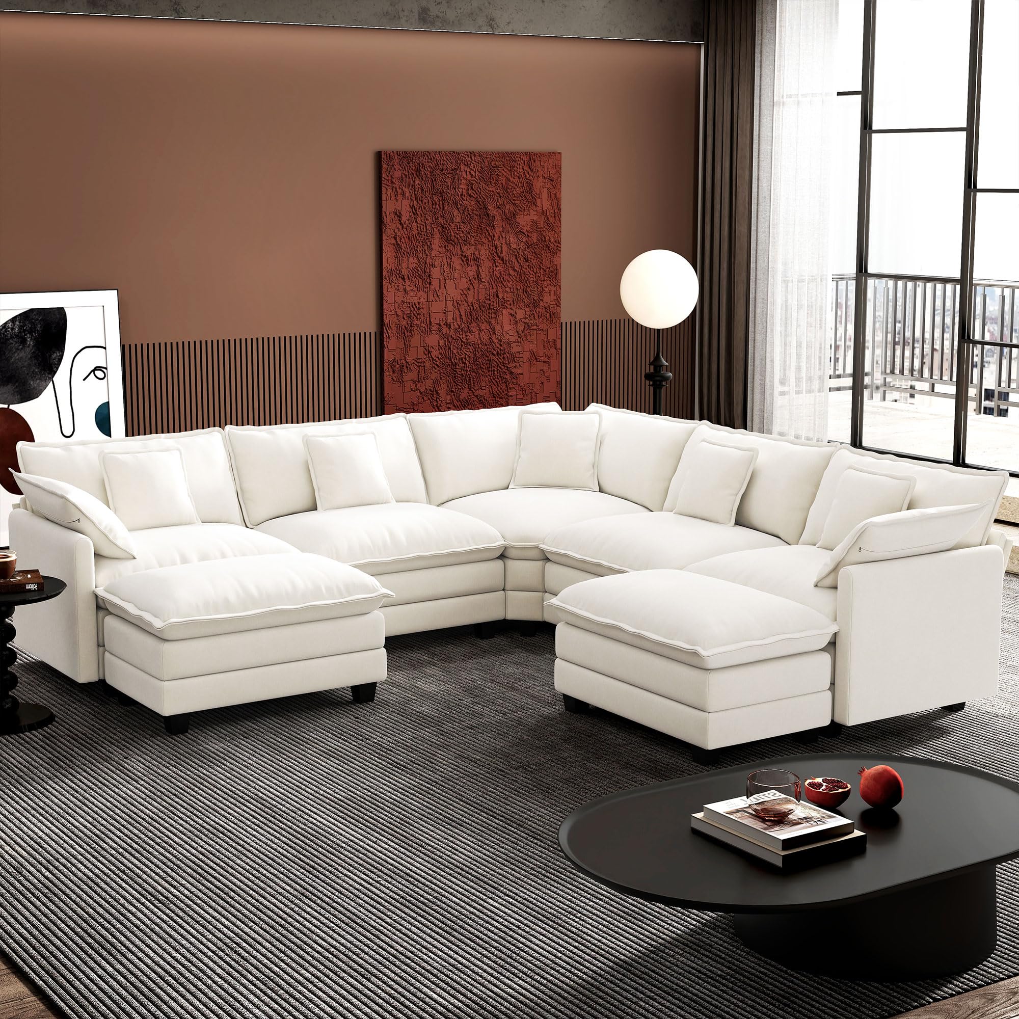 ihanherry 11434 v-shaped modern sofa modular sectional cloud couch with 2 ottoman 7-seat chenille deep seat sofa with corner section for living room bedroom and apartment beige