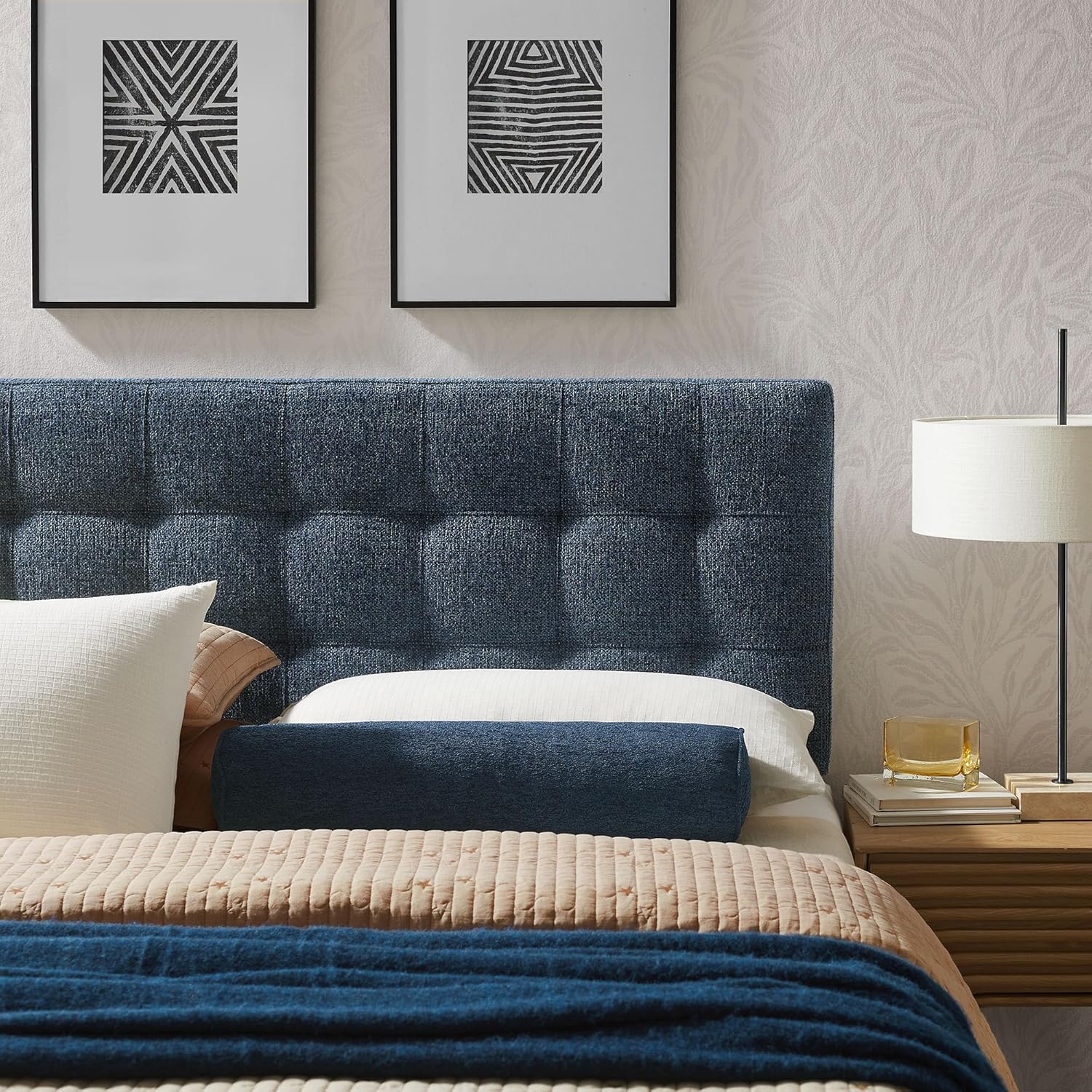 Modway Lily Queen Size Headboard with Biscuit Tufting in Navy - Fabric Upholstery with Padded Design and 5 Height-Adjustable Mounts