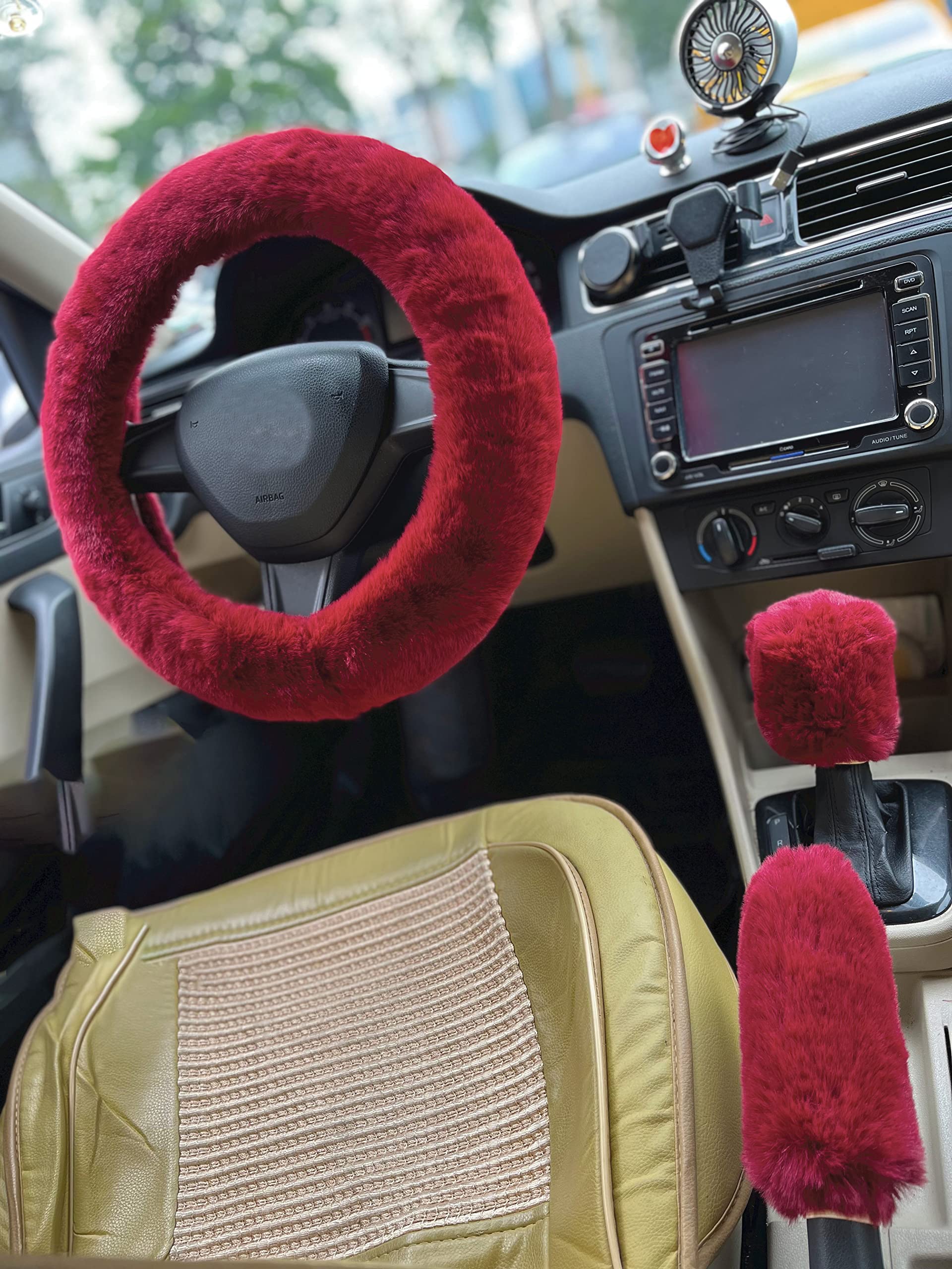Photo 1 of Car Steering Wheel Cover Fluffy Soft Protector for Universal Steering Wheel 14 1/2-15 1/2inch with Handbrake Cover & Gear Shift Cover Comforting and Luxurious, Soft Texture (Red)