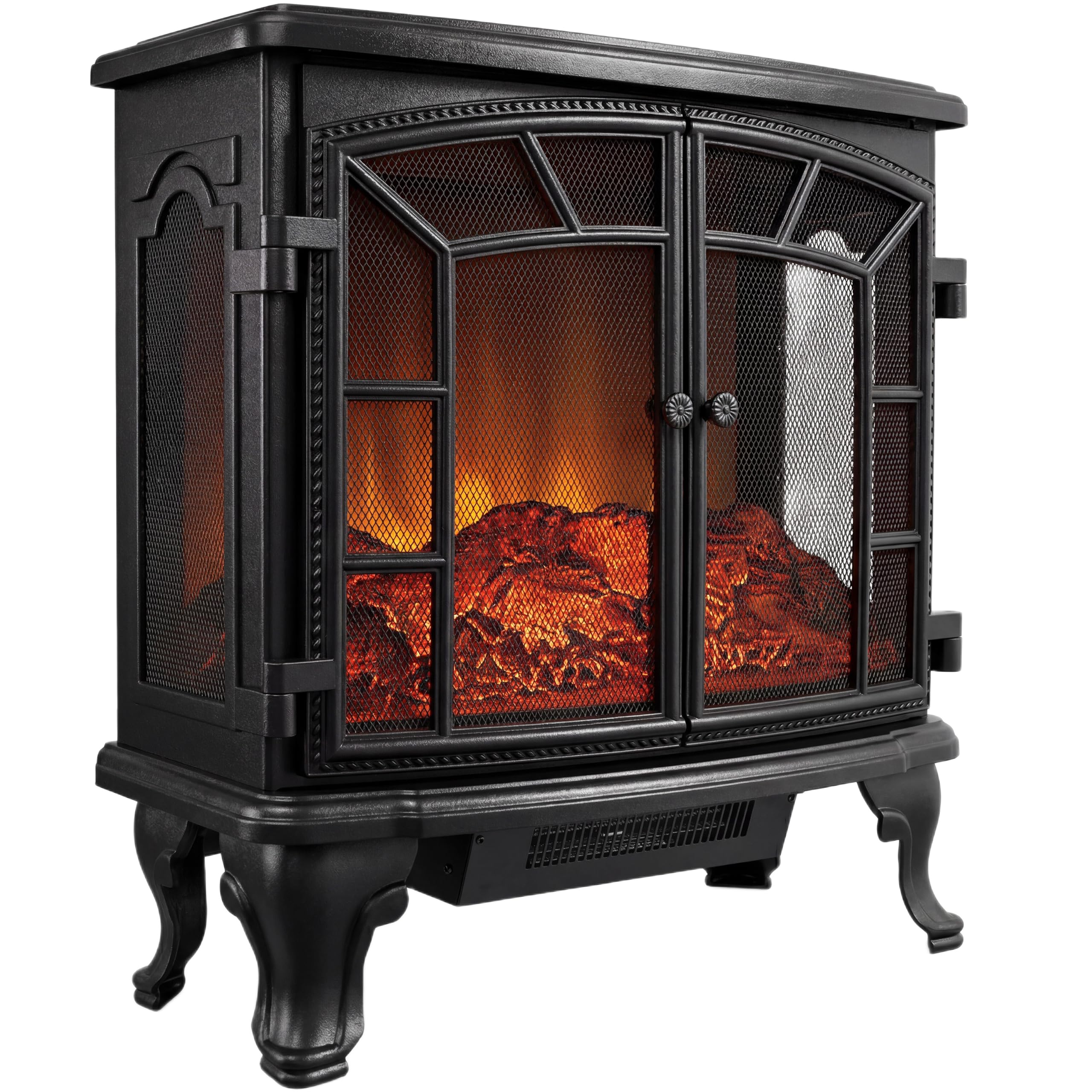 DEUBA® Caminetto Elettrico 2000W Termocamino Luce LED Effetto Fiamma Realistico Stufa Elettrica Camino Nero Doppia Porta