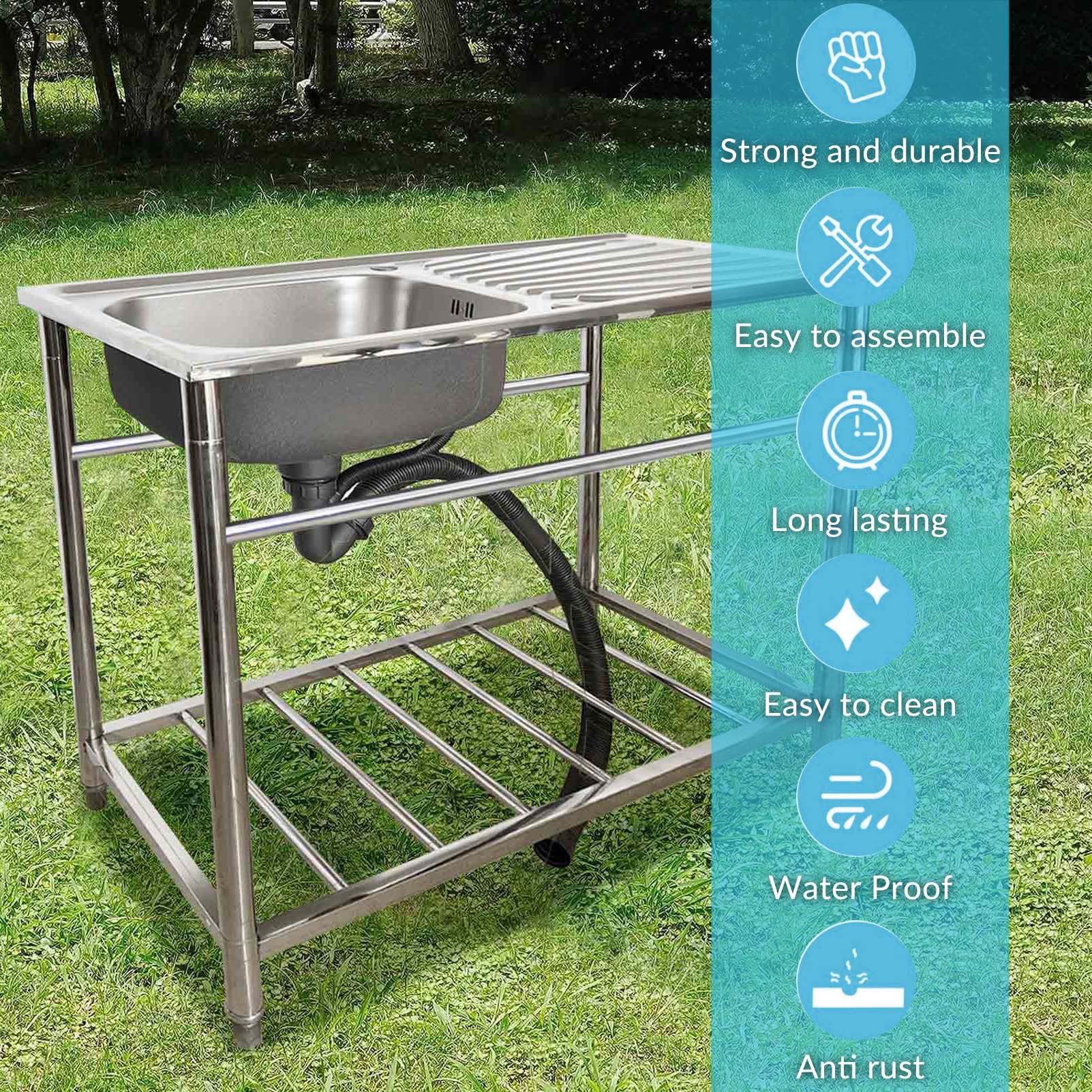 Évier de Cuisine en Acier Inoxydable - Poste de Travail extérieur autoportant avec établi et Robinet, lavabo Utilitaire pour buanderie, Garage, Jardin ou intérieur, Gain de Place