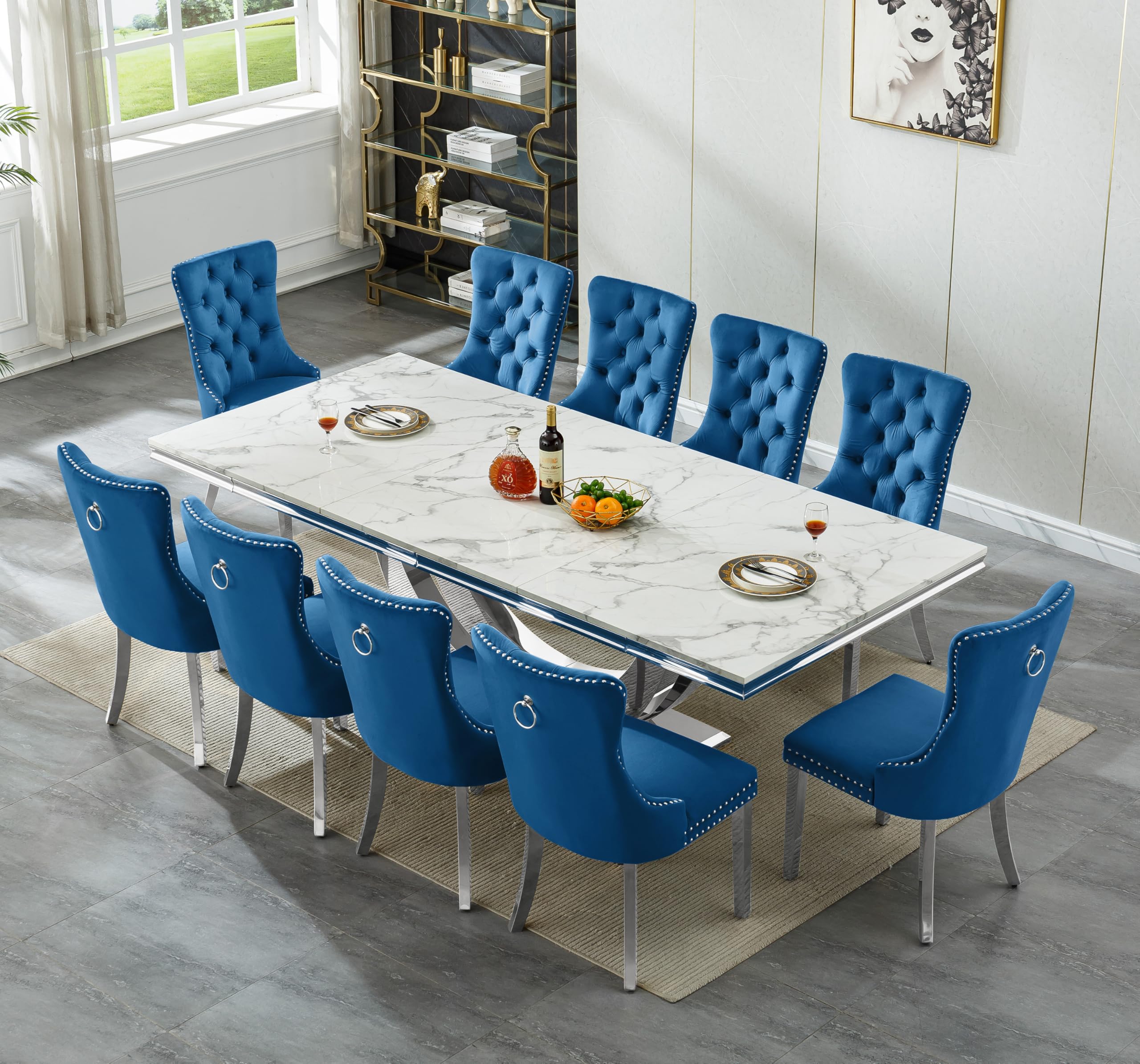 94.5" Large Marble Dining Table Set for 10, Luxury White Silver Kitchen Table with 10 Blue Velvet Dining Chairs, Modern Fuax Marble 11-Piece Dining Room Table Set for 10 w/Stainless Steel U-Base
