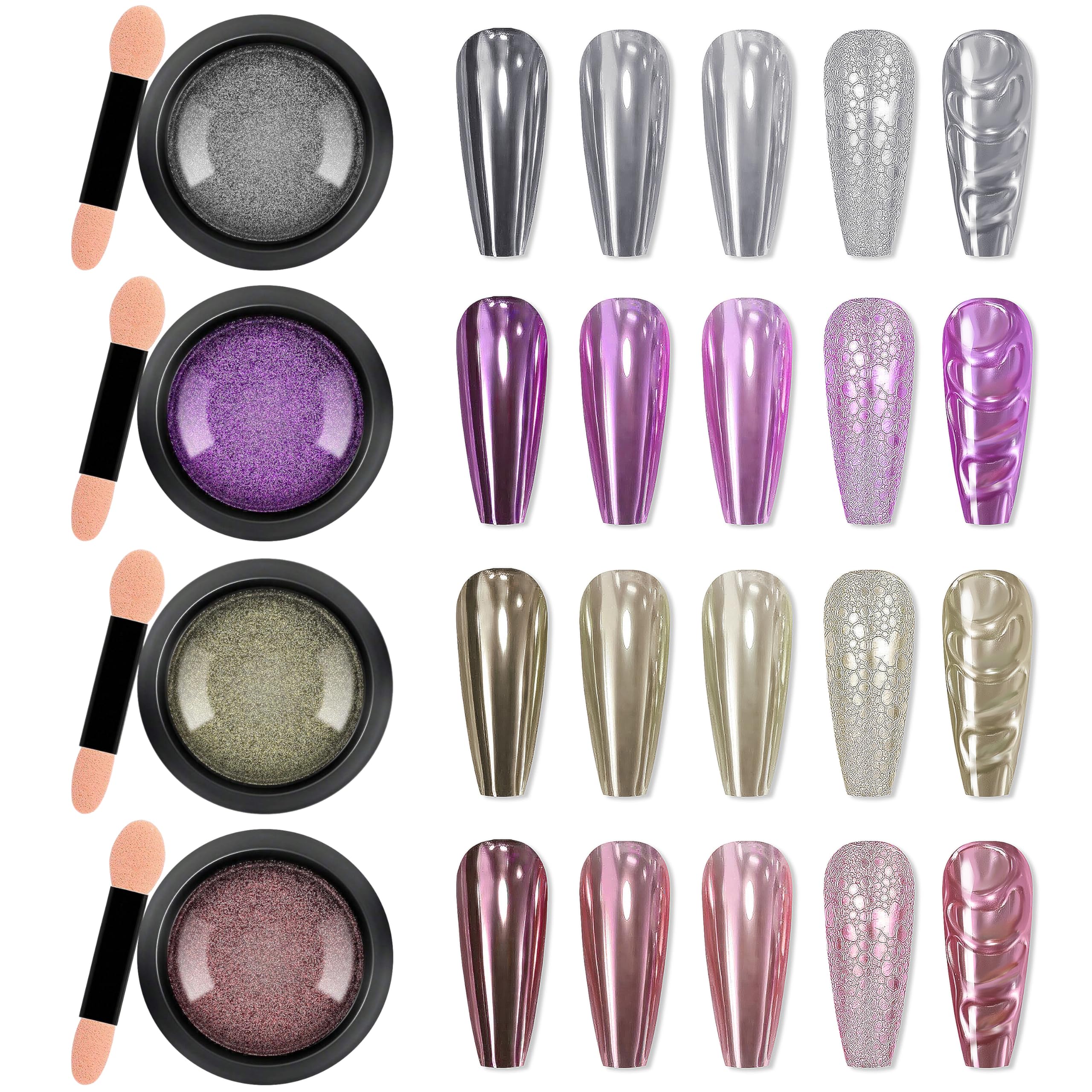 Chrome Nail Powder, 4 kolory, chromowany puder brokatowy, zestaw - proszek do paznokci, proszek do paznokci, błyszczący proszek, efekt lustrzany, DIY