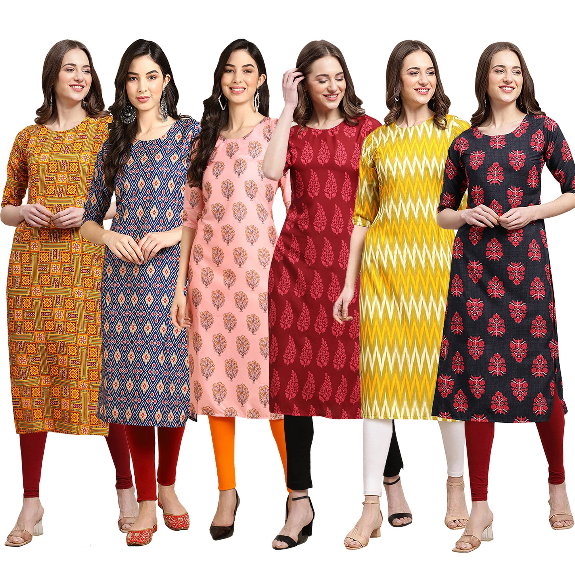 Pinkmint Women's Crepe Digital Print Straight Kurta Pack Of 6 [Cr-333-358-368-337-329-345-Xl]