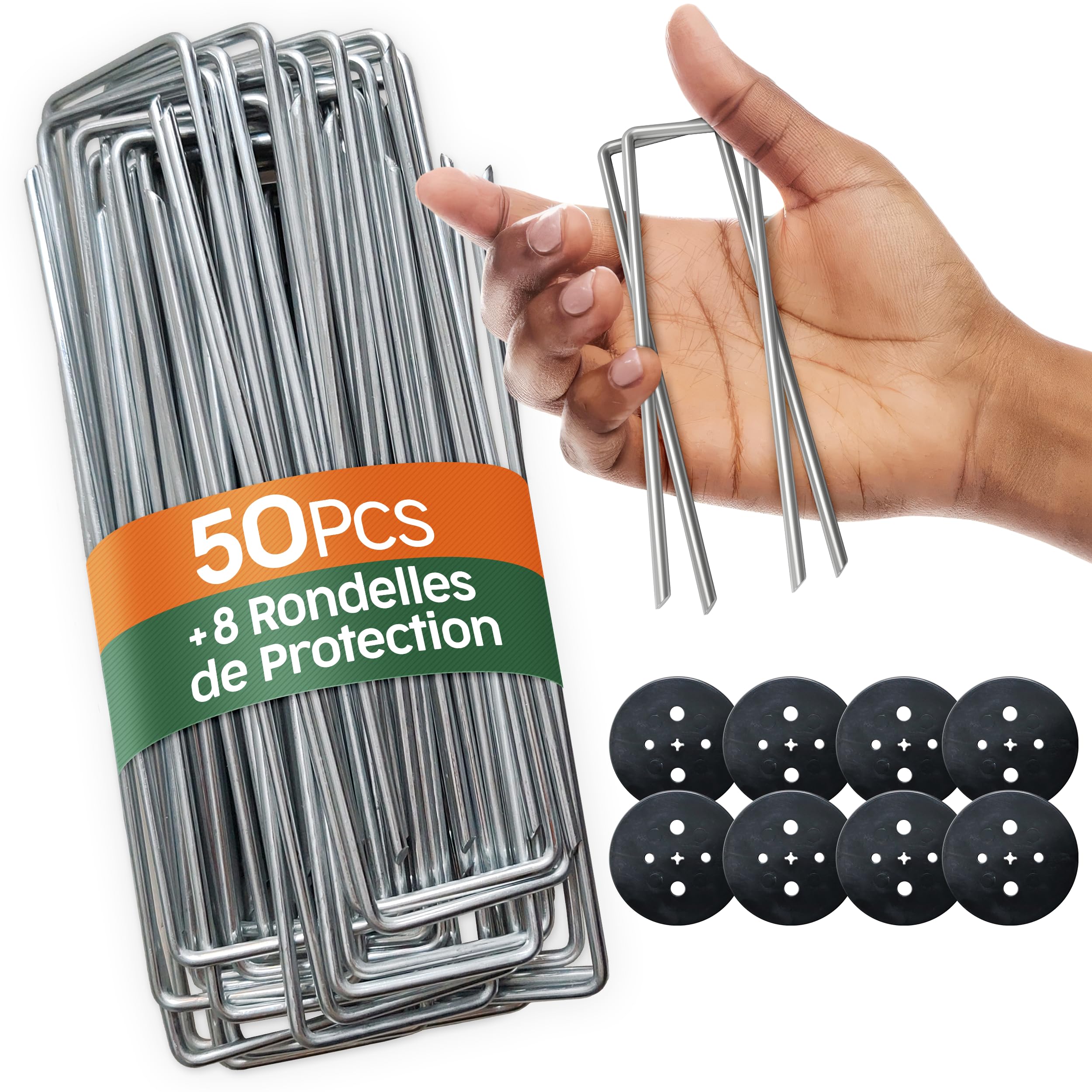 PORTENTUM Agrafes de Jardin 50 pcs + 8 Rondelles – Sardines de Fixation pour Sol Dur, Piquets de Jardin, Piquet Ancrage pour Tomates, Agrafes pour Toile de Paillage et Gazon Synthétique