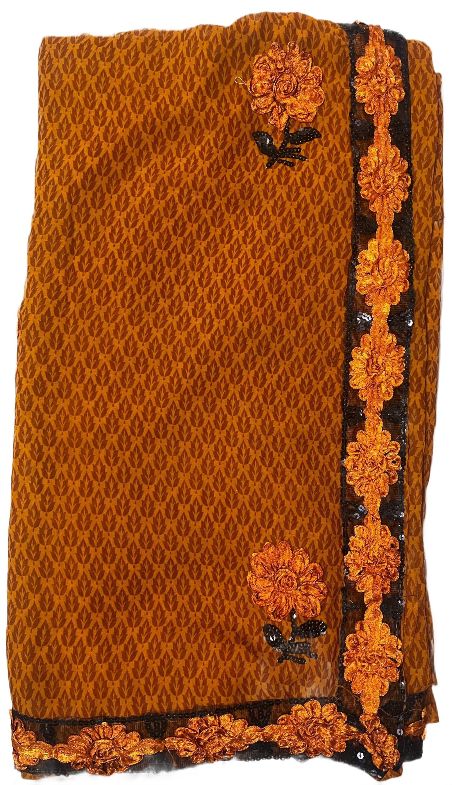 Mustard Yellow Chiffon Saree with Floral Embroidery & Sequin Border-image-47