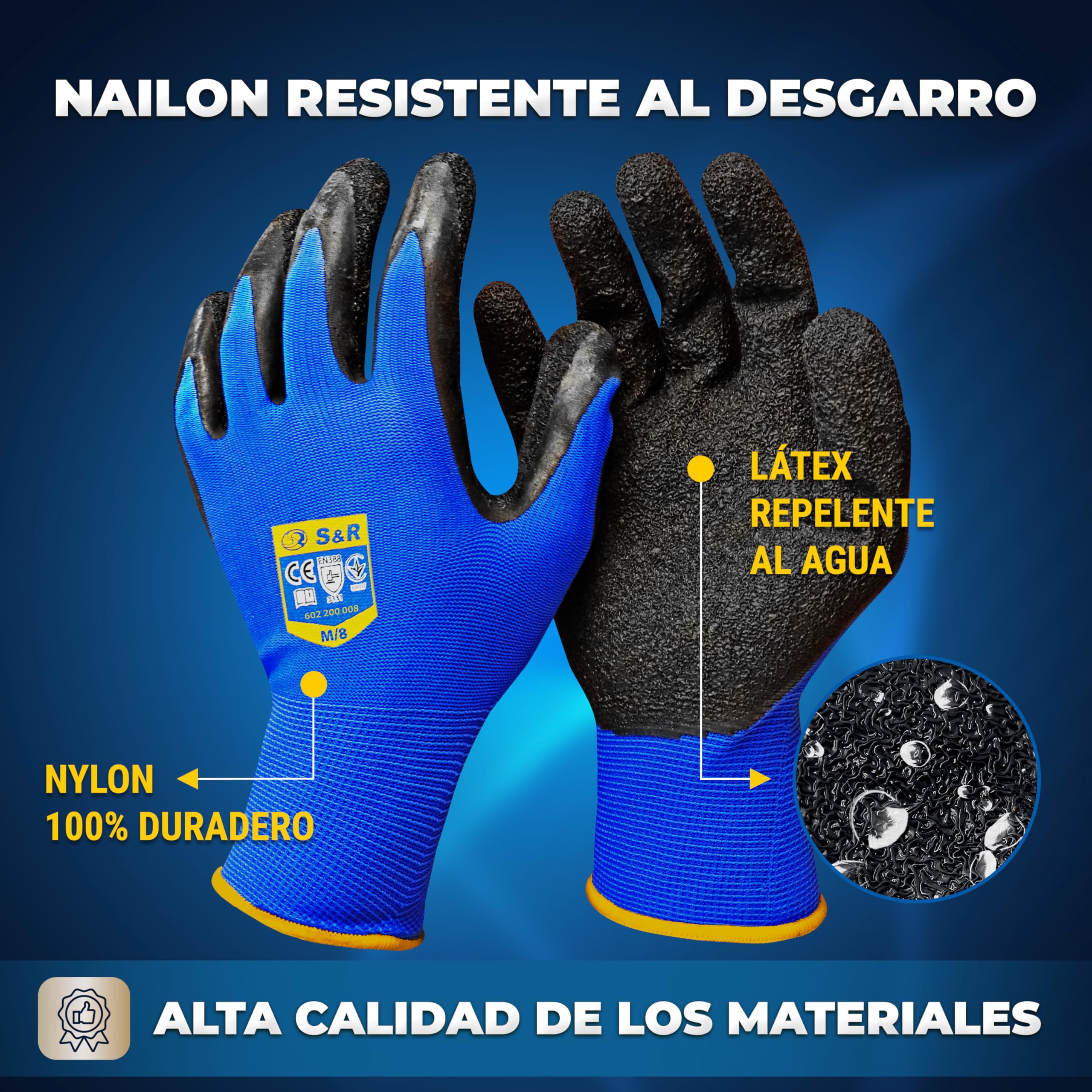 S&R Guantes de Trabajo Hombre 12 PARES Talla L / 9 - Guantes de Securidad Nylon y Latex - 12 Pares