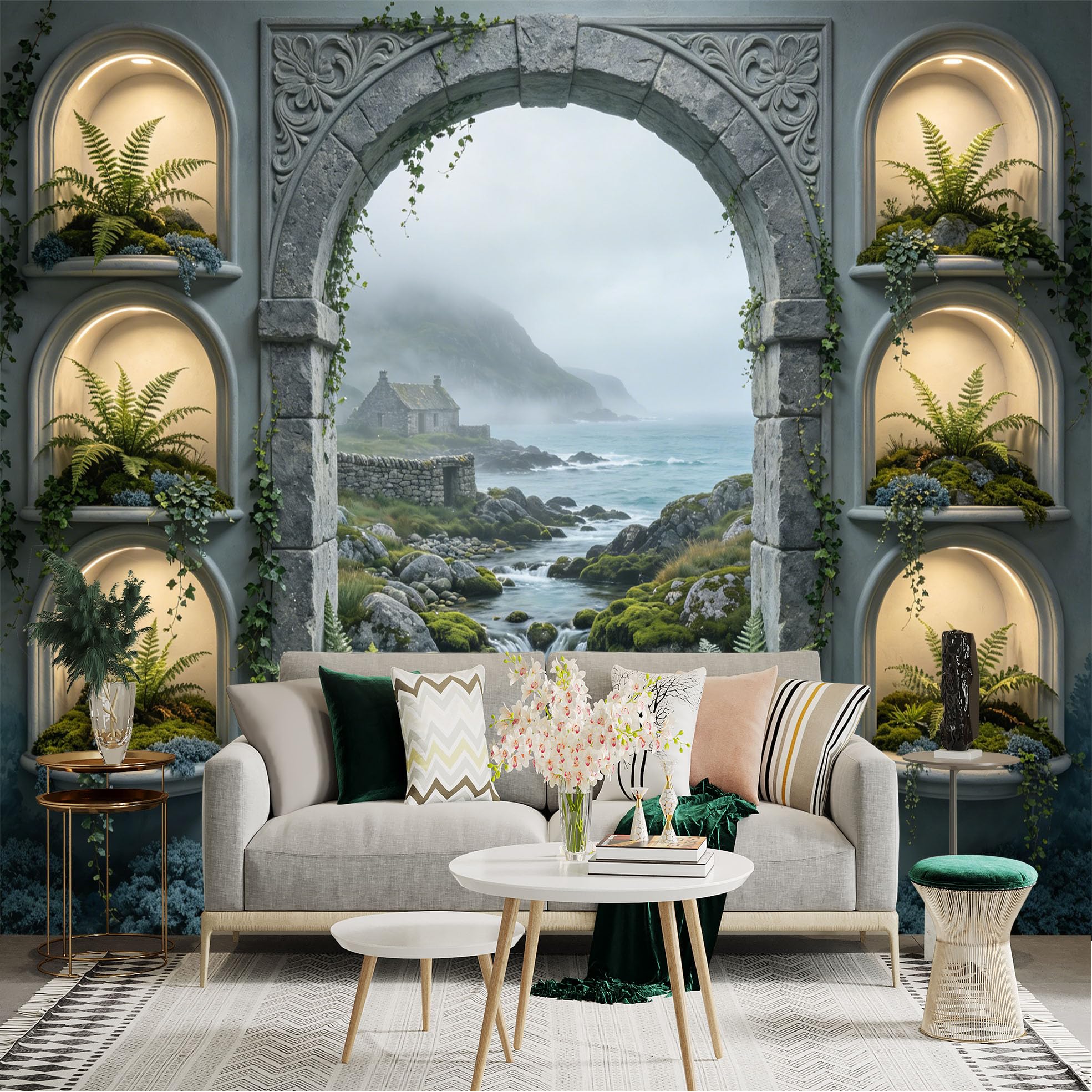 Custom Size Wall Sticker Mural， Coastal Stone Arch View with Ferns， Waterfall and Cottage， for wall Decoration， peelandstick wall Decals.