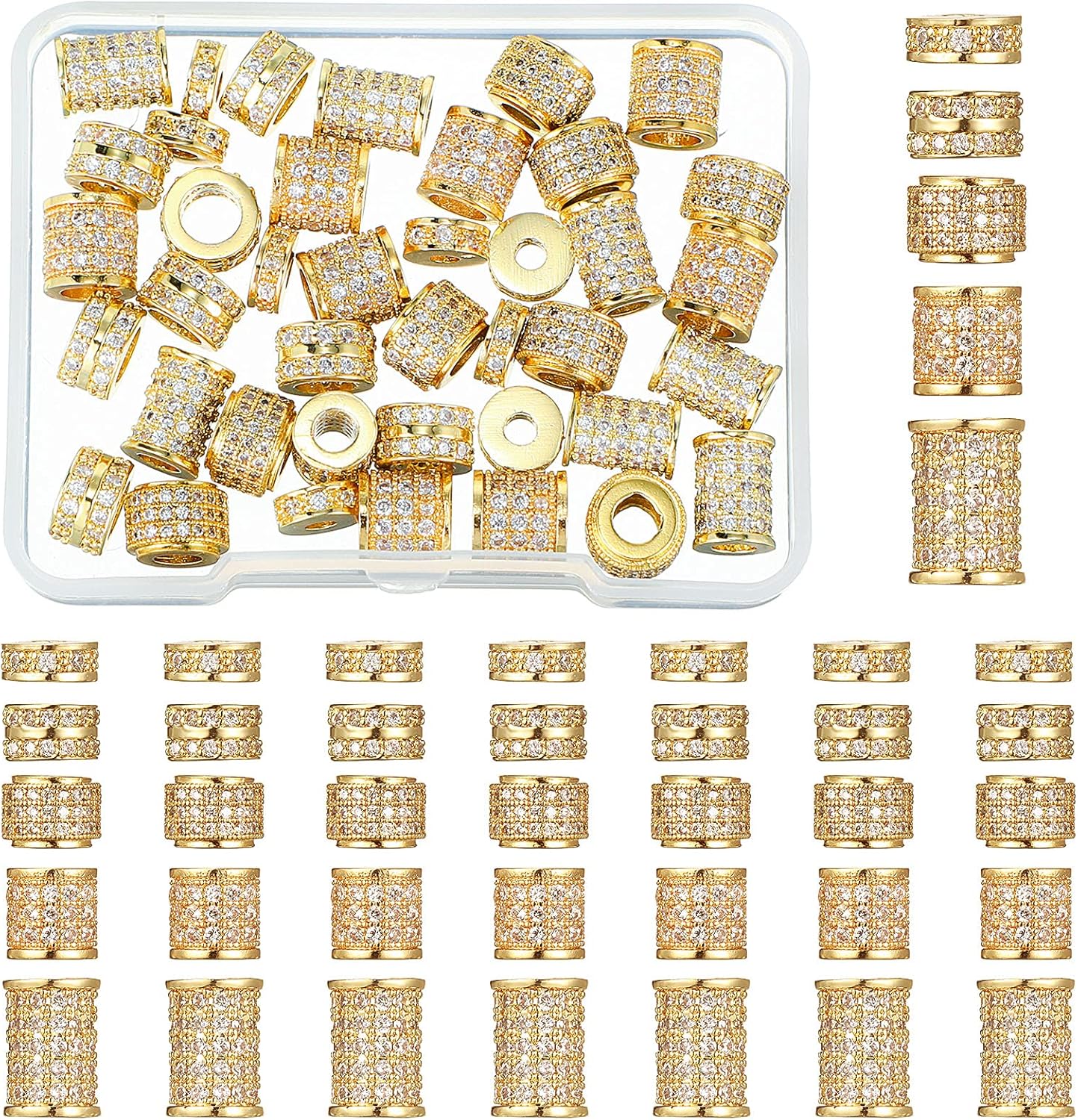 Yinkin 40 Pieces Zircon Rhinestone Beads Tube Column Pave Bead Charms Cubic Zirconia Big Hole Spacer Jewelry Bracelet Connector Crystal for DIY(Gold)