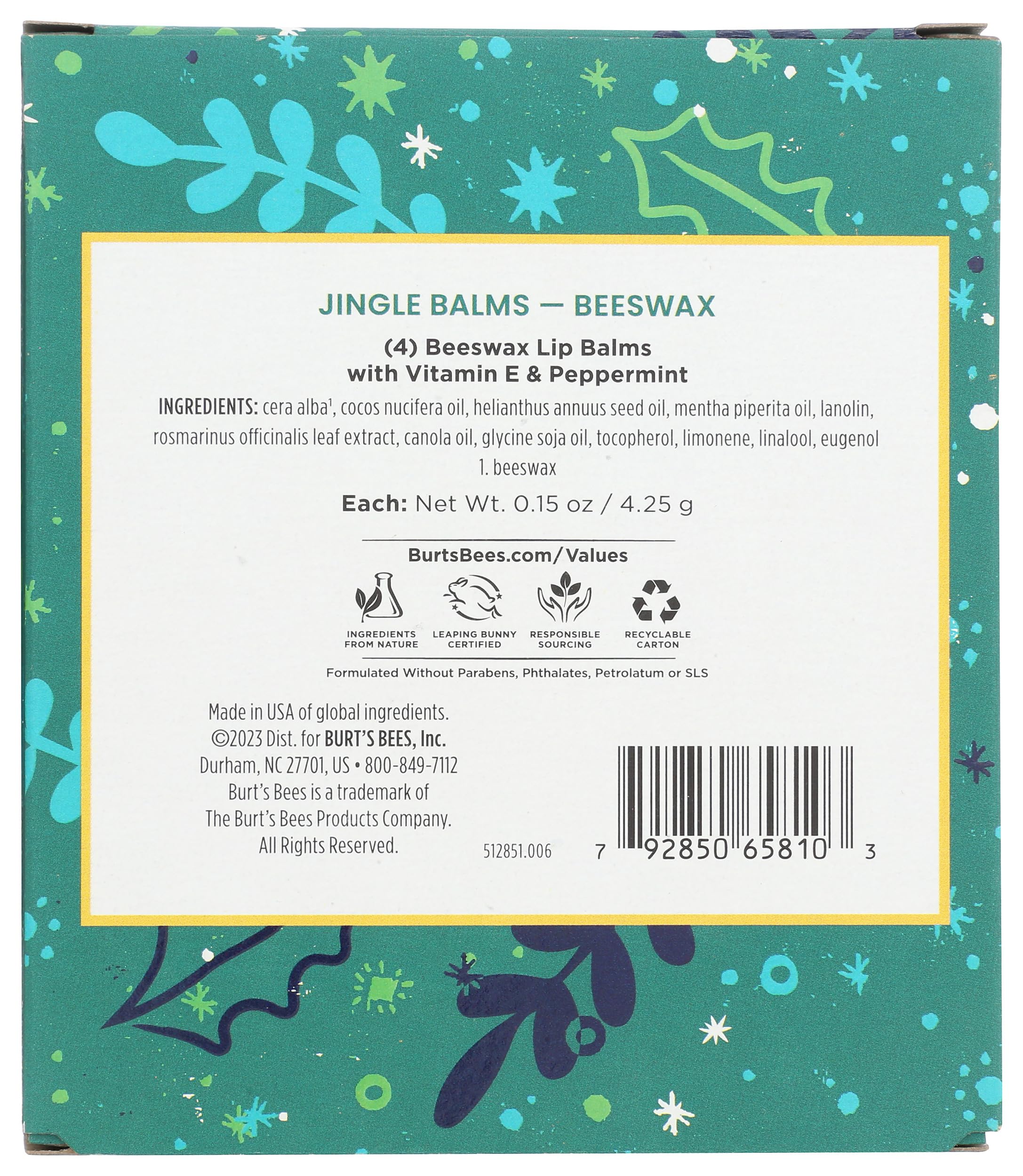 Burts Bees Jingle Balms by Burts Bees for Unisex – 4 Stück 0,15 oz Lip Balm – Let Is Now, 15 oz Lip Balm – Be Jolly, 0,15 oz Sip Hot Cocoa, 0,15 oz Lip Balm – Believe in Magic