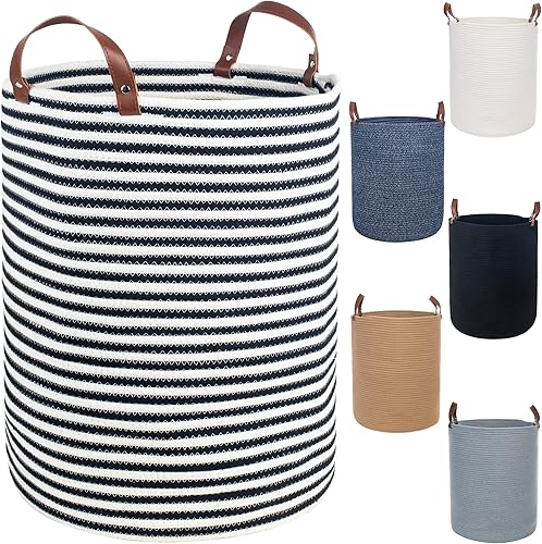Caroeas Cesta de cuerda de algodón XXL, 20 x 16 pulgadas, con asas de cuero, cesta tejida para manta de lavandería de bebé de 80 litros, cesta