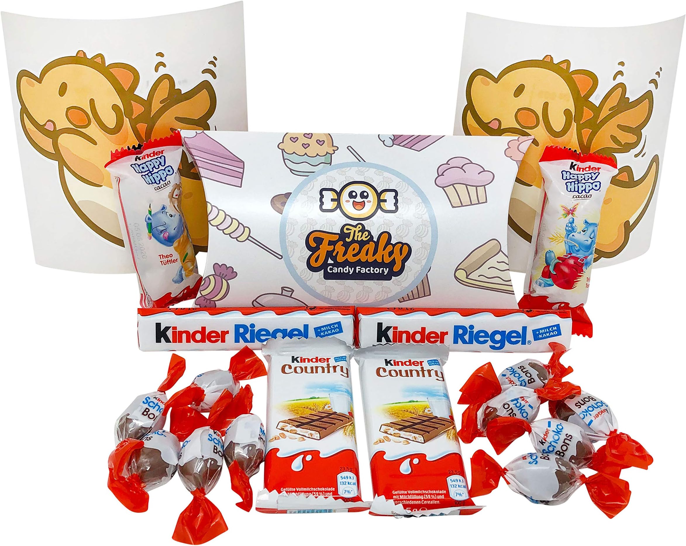 Ferrero Kinder Assorted Chocolates Gift Box Pouch (18-Pack) Classic German Candy | Riegel, Country, Happy Hippo and Schoko-Bons | 2 Baby Dragon Stickers