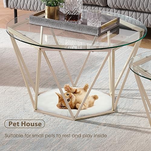 Miniatura 7 de ivinta Juego de 2 mesas de centro redondas anidadas, modernas mesas de centro con vidrio templado y marco de metal para sala de estar, Diamon