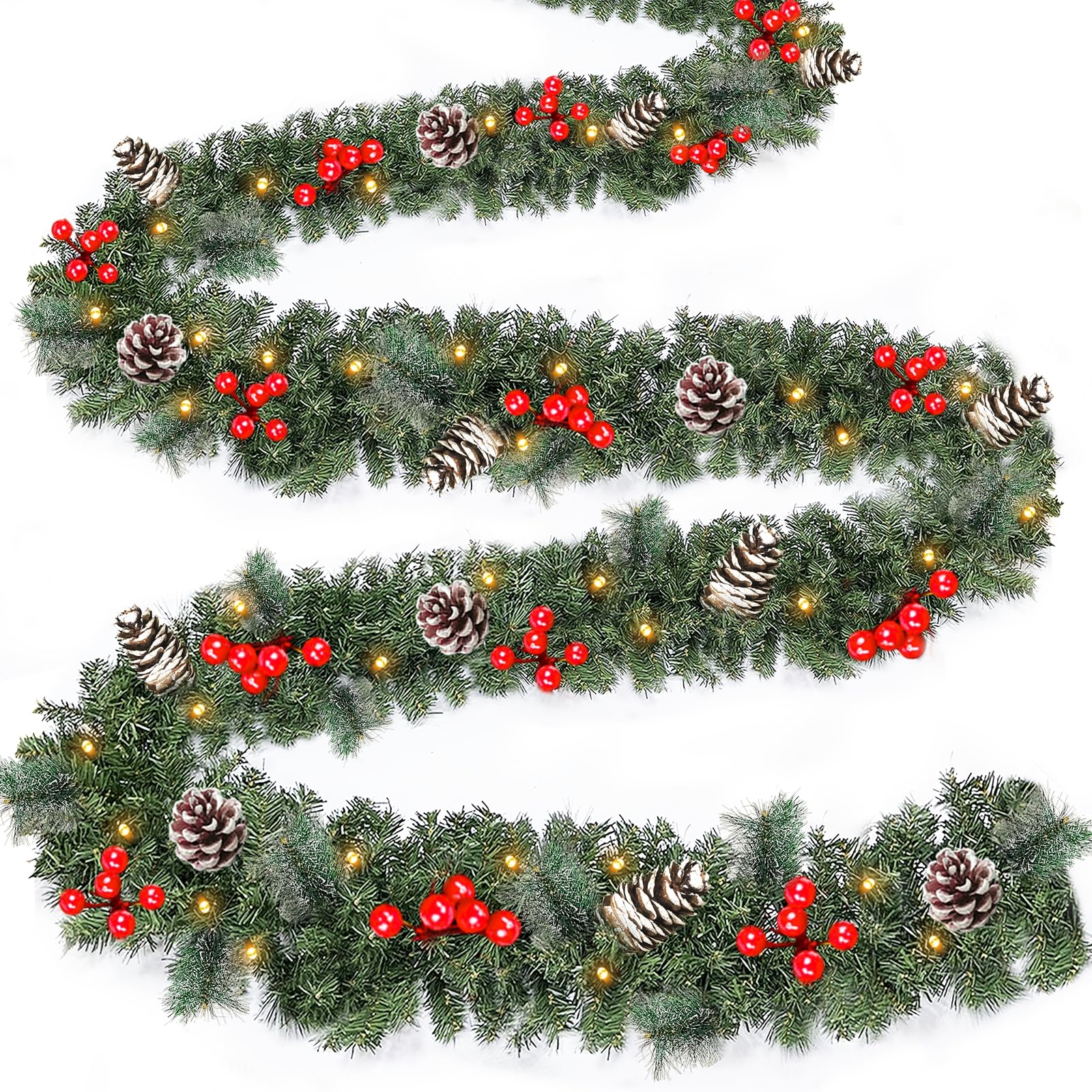 2 PCS 9 Ft Prelit Christmas Garland with 50 Warm Lights Timer