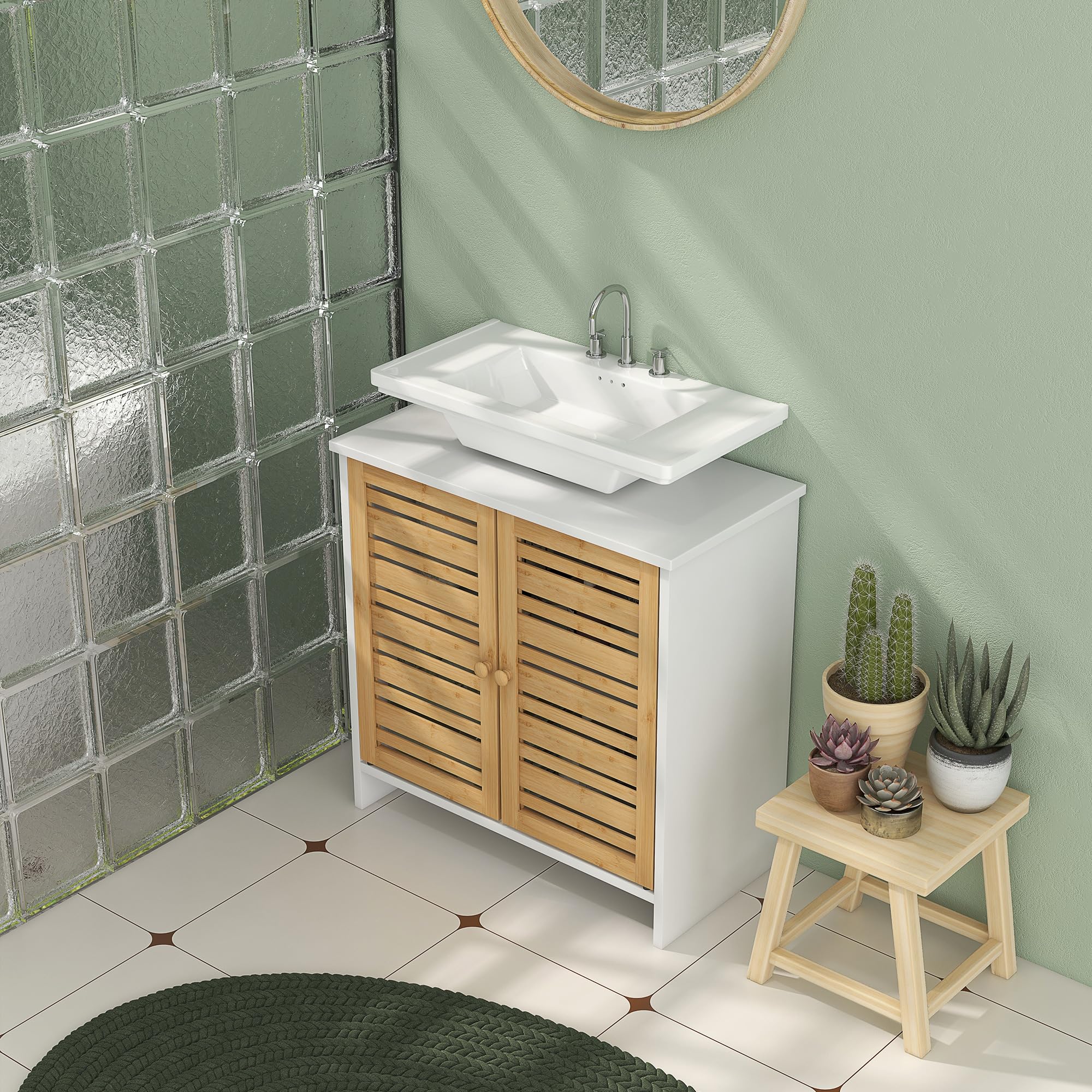 HOMCOM Meuble sous Vasque Meuble de Salle de Bain 2 Portes avec étagère réglable Armoire de Rangement pour lavabo 60 x 30 x 60 cm en Bambou Naturel et Blanc