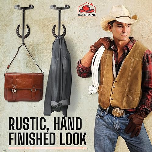 Miniatura 7 de Perchero para sombreros de vaquero – Juego de 2 soportes decorativos para montar en la pared – Percha de hierro resistente y organizador kit de