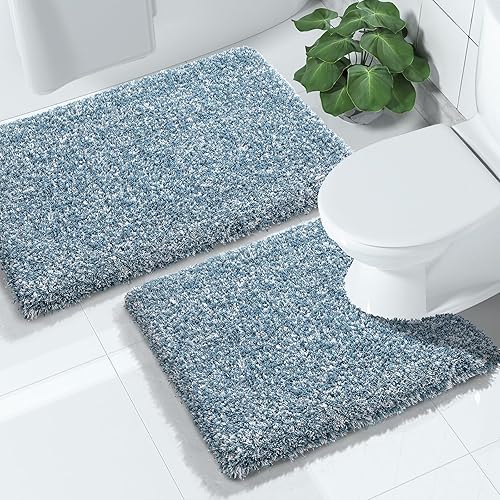 Yimobra Juego de 2 alfombras de baño esponjosas con forma de U, alfombra de baño suave y cómoda antideslizante, alfombra de ducha de felpa gruesa,