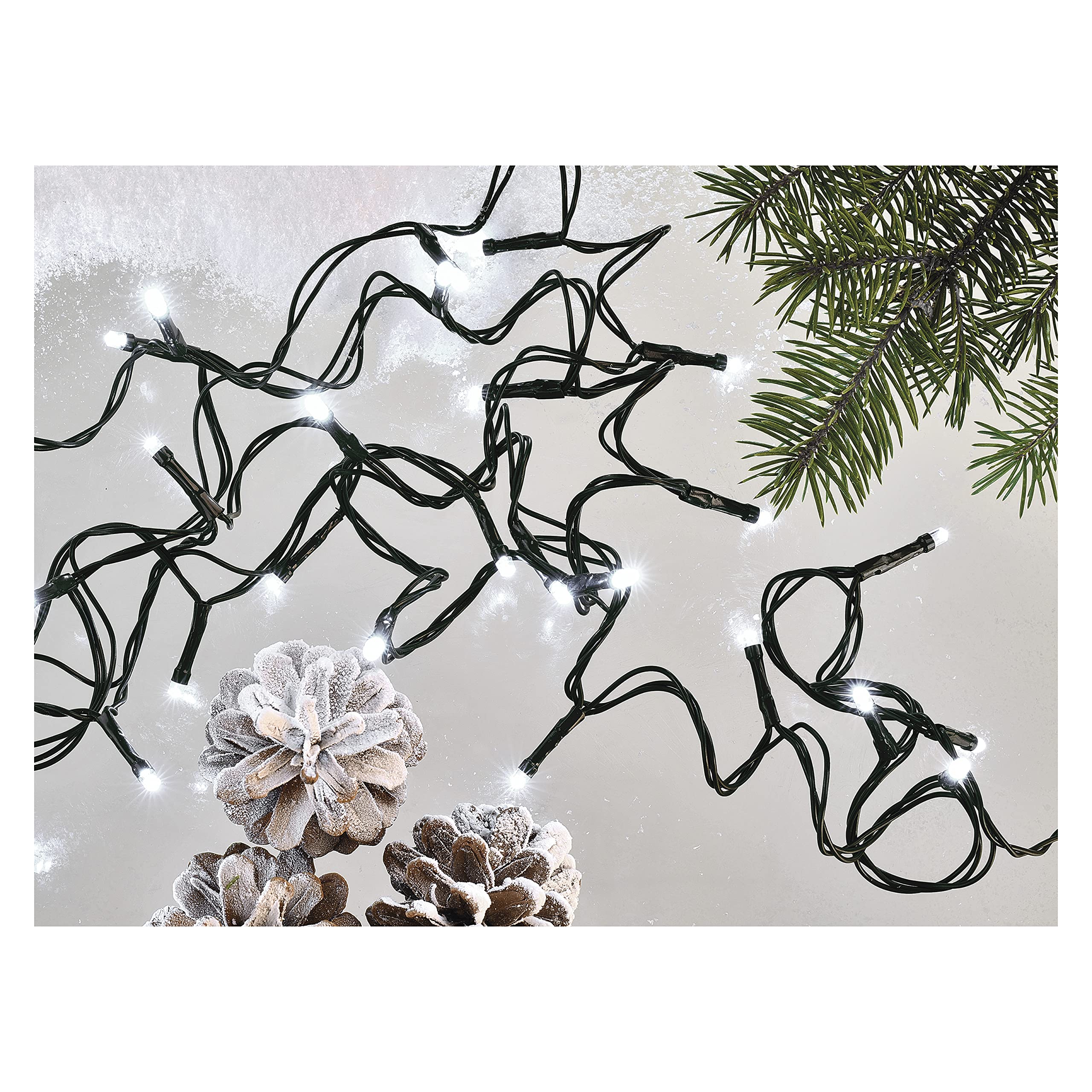 EMOS Catena di luci a LED bianco freddo per interni ed esterni, lunghezza 24 m, IP44, catena di luci di Natale con 240 LED + cavo di 5 m e alimentatore di rete, funzione timer